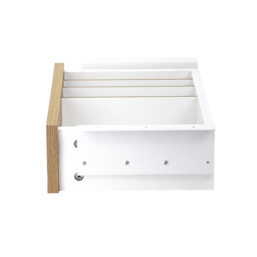 Una caja de cajón blanca abierta con un acento de madera en el lado izquierdo.