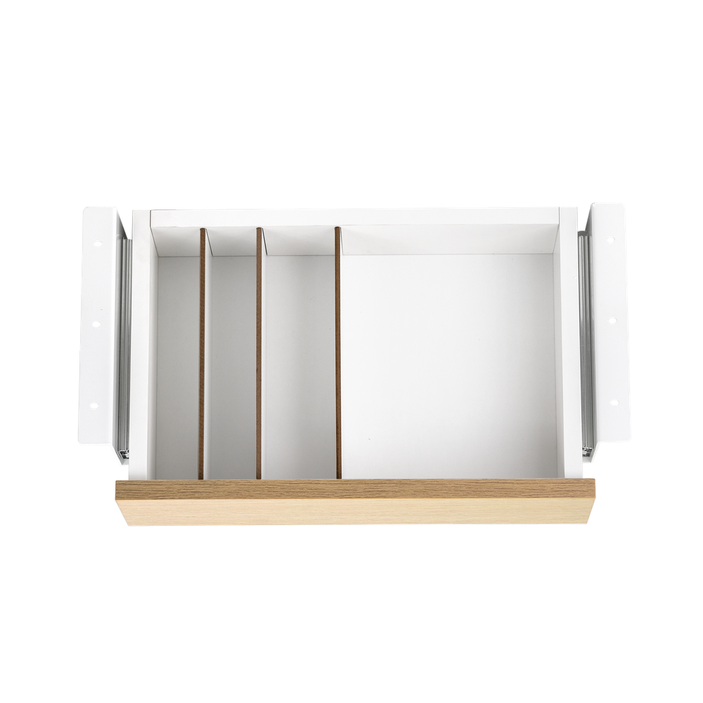 Un cajón blanco con divisores de madera y guías metálicas.