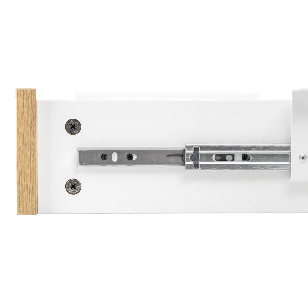 Panel lateral de madera con guía de cajón blanca y tornillos.