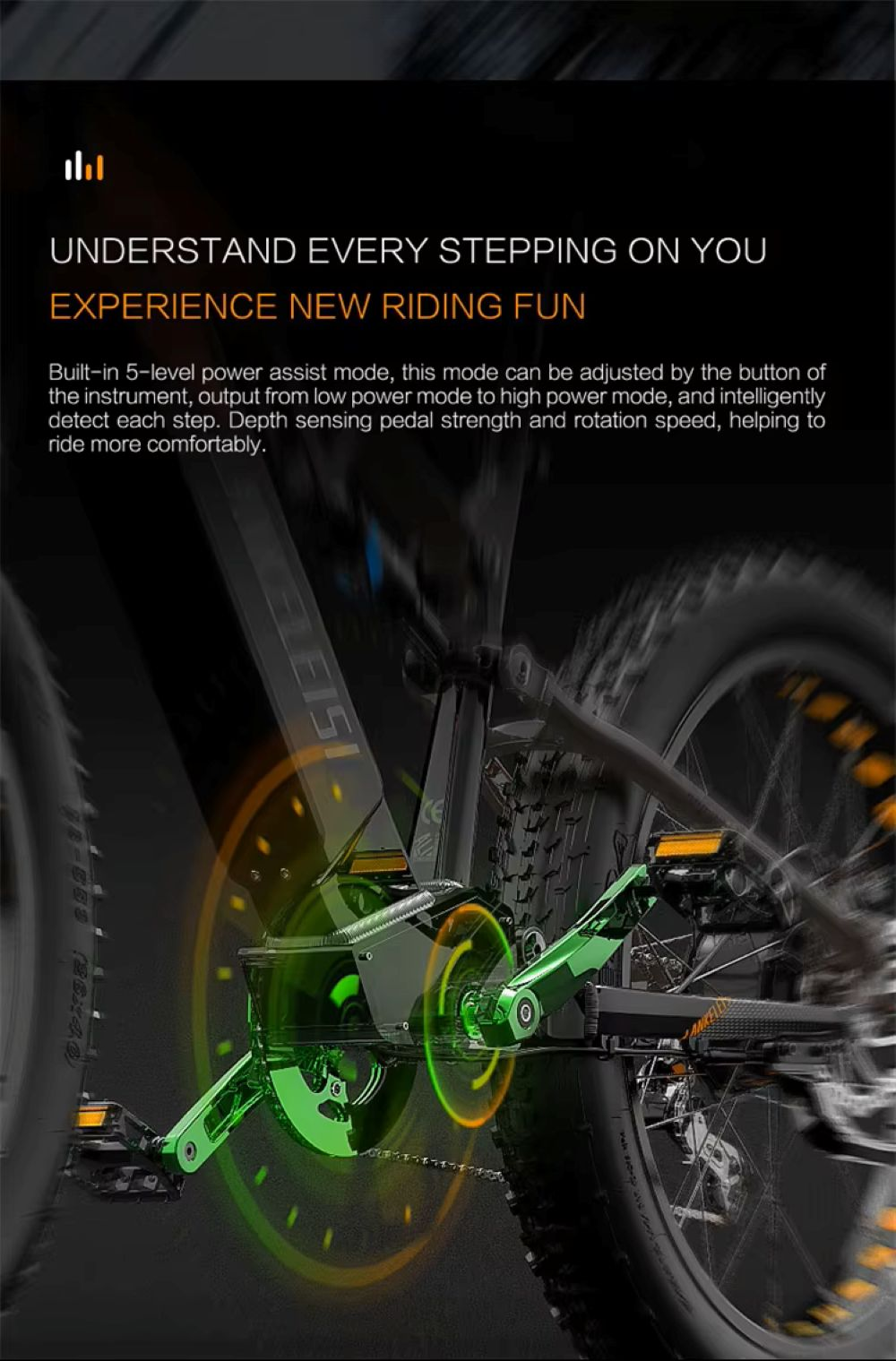 Pedivella ebike con accenti verdi e anelli luminosi.