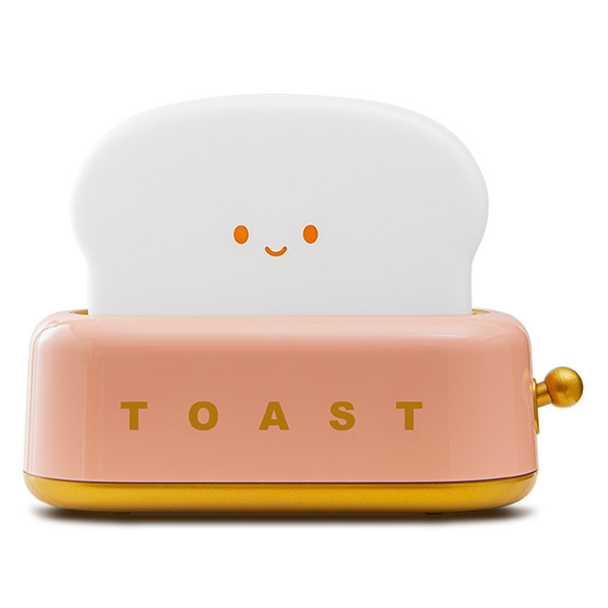 Ein rosa Toaster mit einem weißen, lächelnden Gesicht und der Aufschrift TOAST.