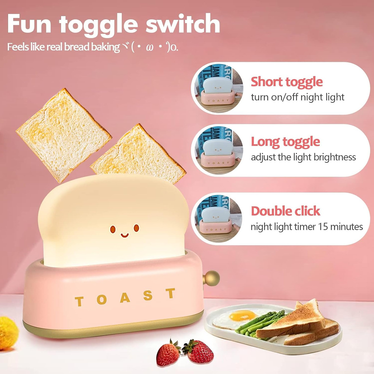 Ein rosa Toastlampen-Nachtlicht mit Toastscheiben und Frühstück.