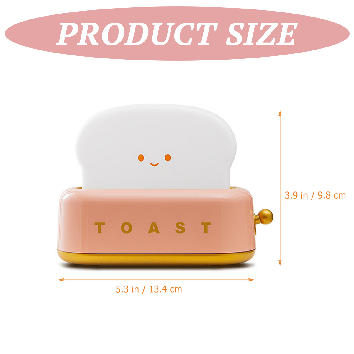 Ein rosafarbener Toaster mit Gesicht und Maßangaben 5,3 Zoll/13,4 cm und 3,9 Zoll/9,8 cm.