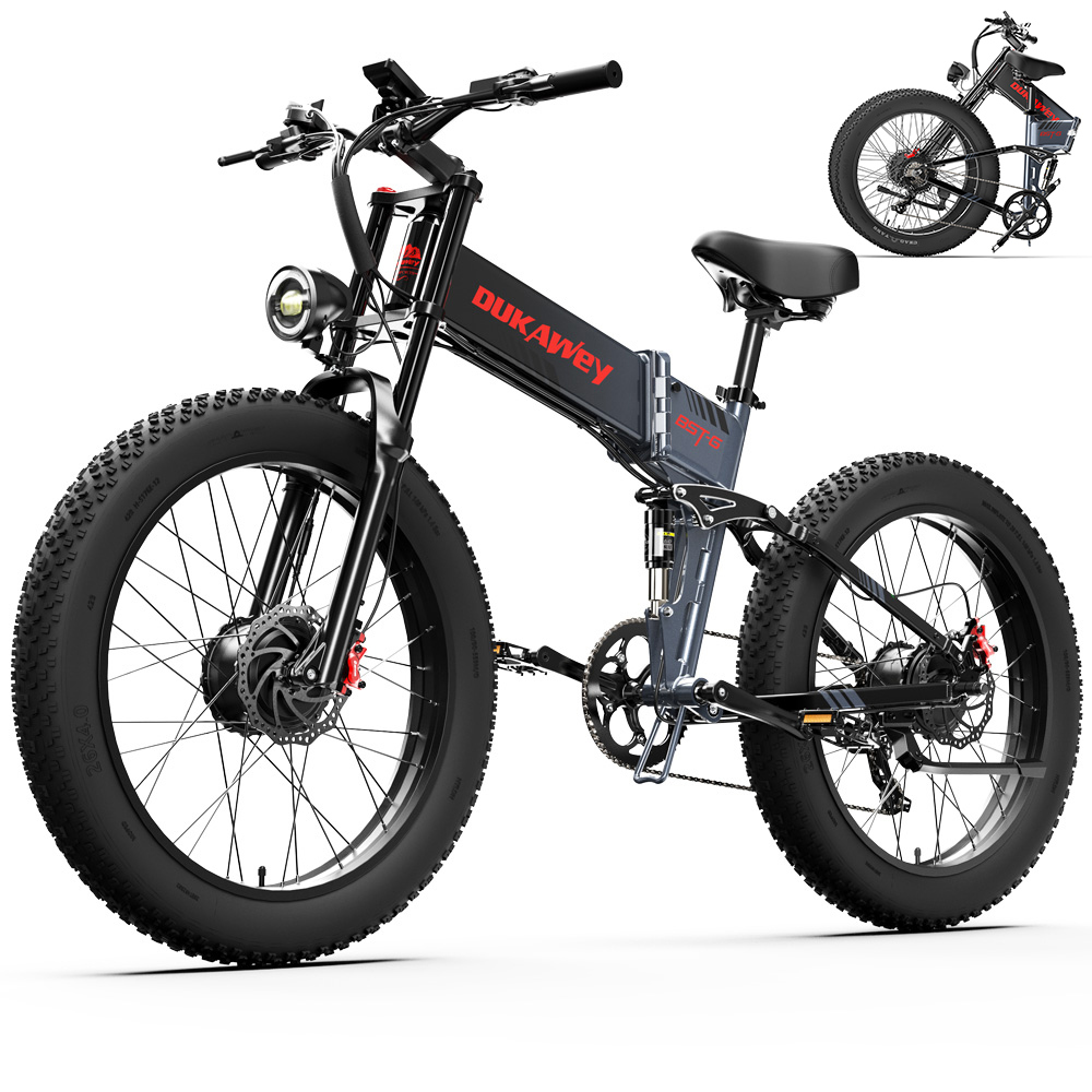 Una e-bike pieghevole nera con pneumatici larghi, sospensioni e logo rosso "DUKAWAY".