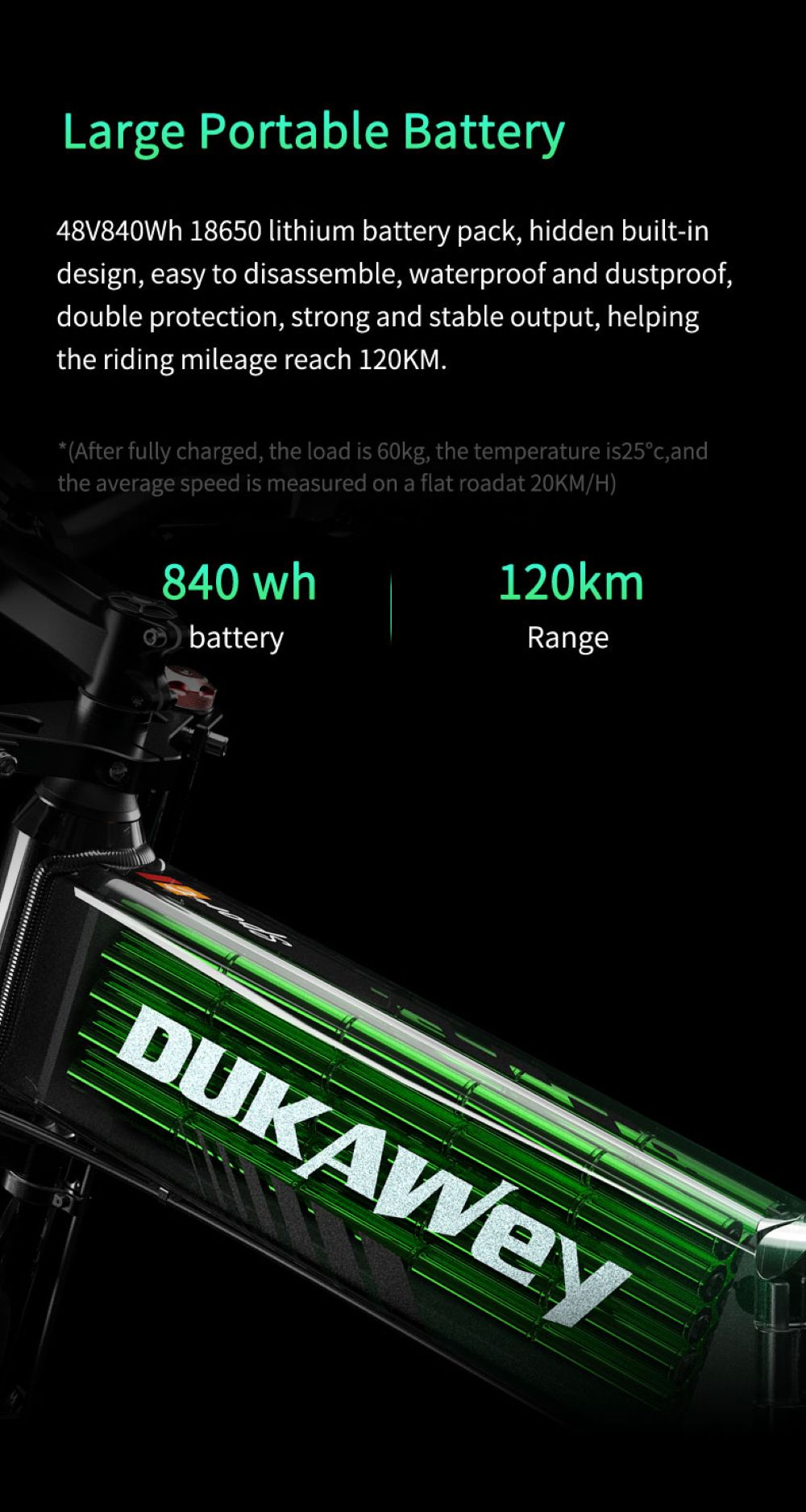 Grande batteria portatile da 840Wh, autonomia 120km. Marchio DUKAWEY.