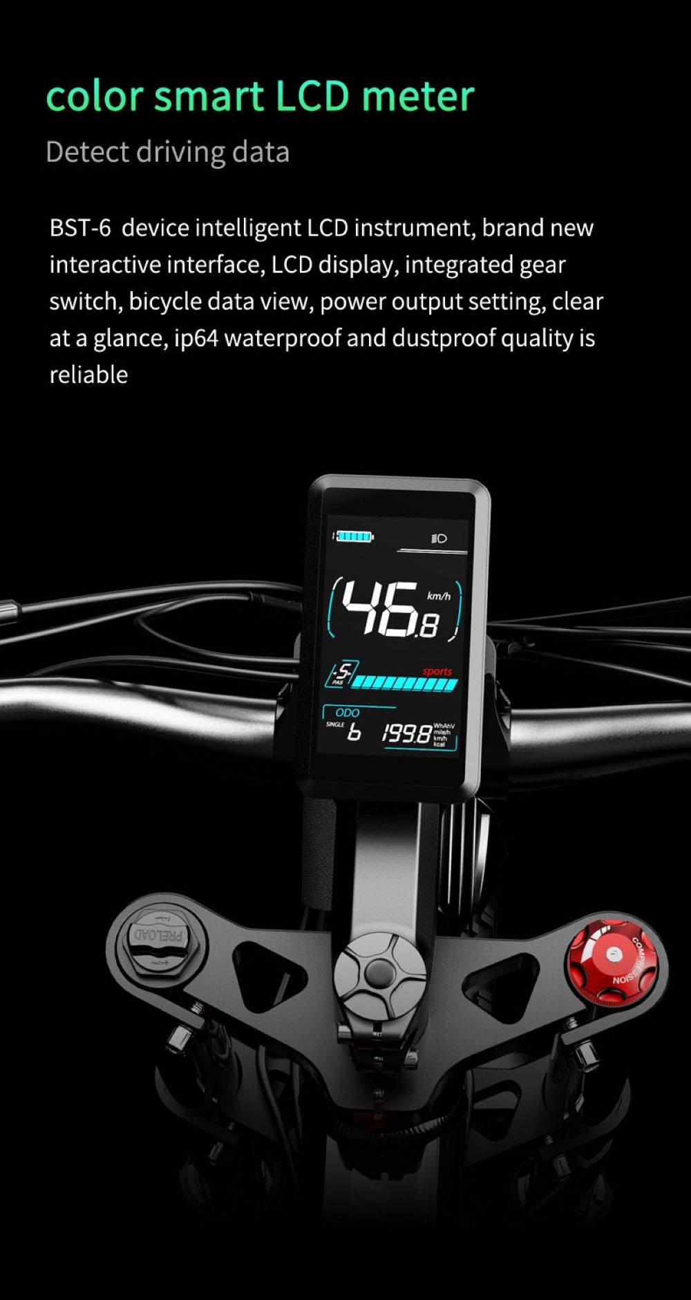 Un contachilometri LCD intelligente per bici mostra 46,8 km/h e 199,8 km.