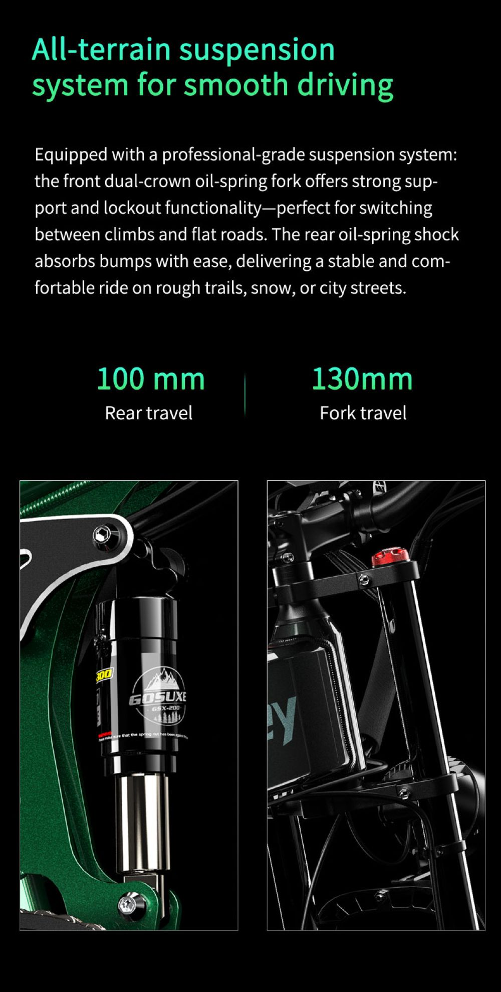 Dettaglio sospensione bicicletta: 100 mm posteriore e 130 mm anteriore.