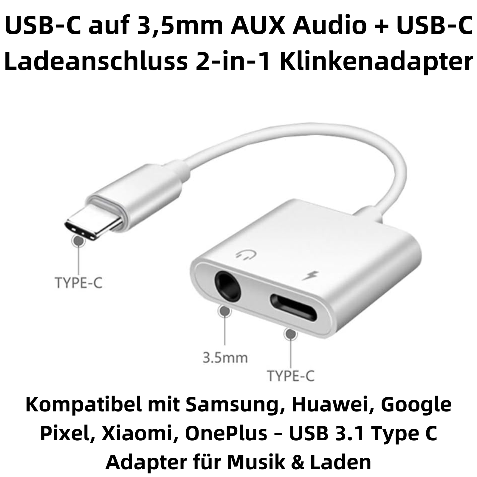 Weißer USB-C auf 3,5mm Klinkenadapter mit Ladeanschluss.