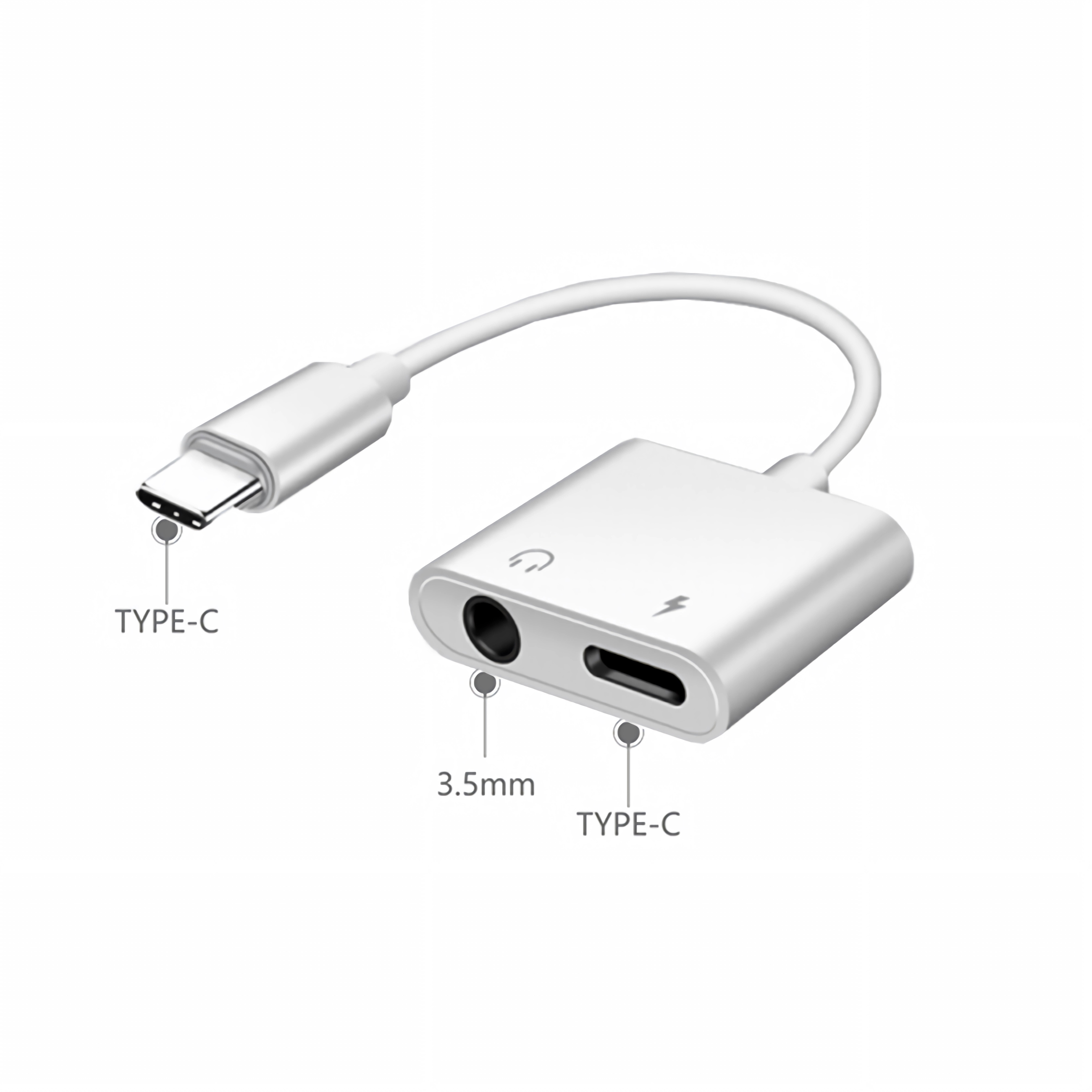 Ein weißer USB-C-Adapter mit einem 3,5-mm-Anschluss und einem Ladeanschluss.