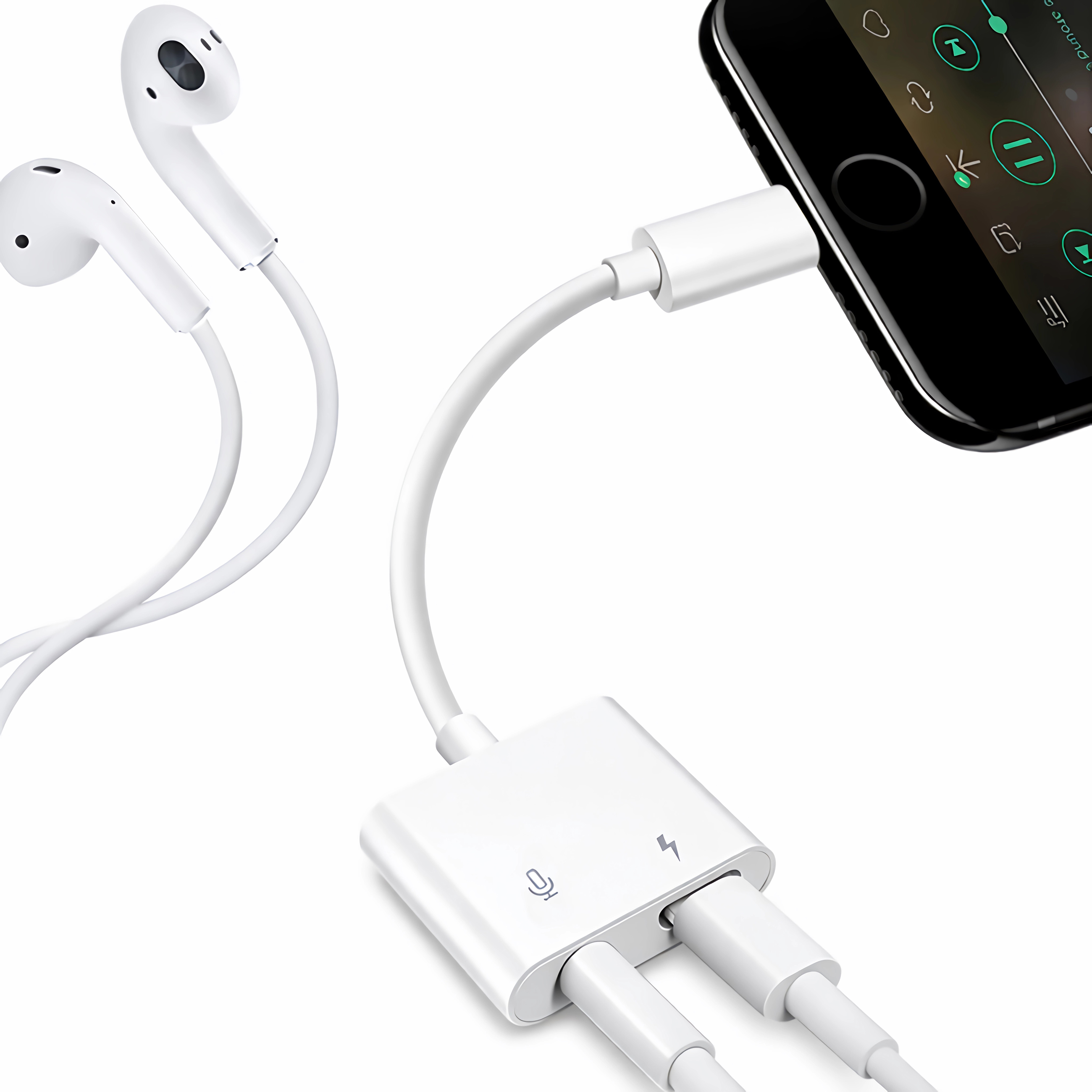 Ein weißer Adapter verbindet weiße Kopfhörer mit einem Smartphone.