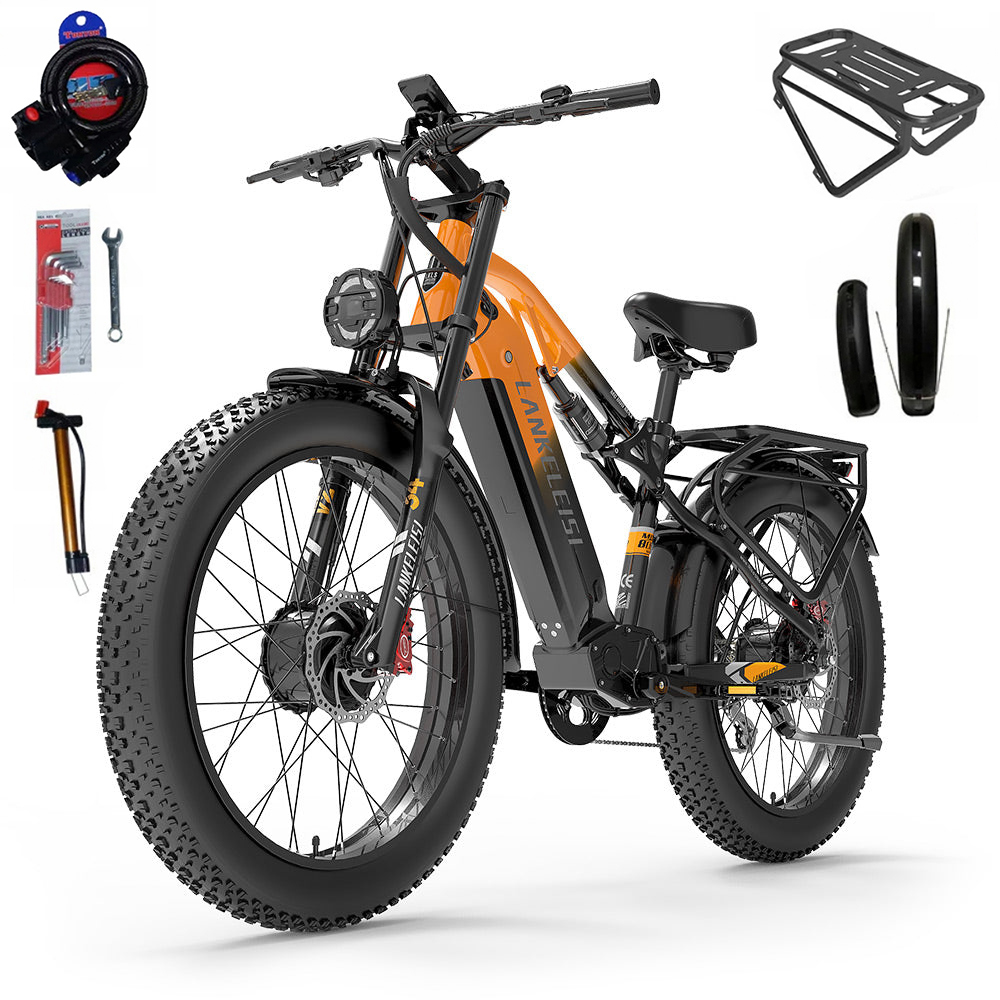 E-bike arancione con pneumatici grassi e accessori: pompa, lucchetto, attrezzi, portapacchi.