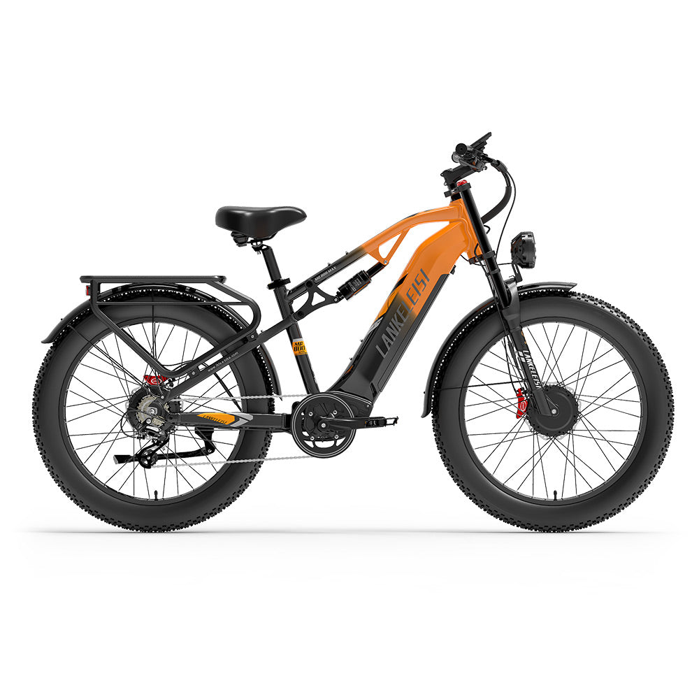 Una bici elettrica arancione e nera con gomme larghe e sospensioni.