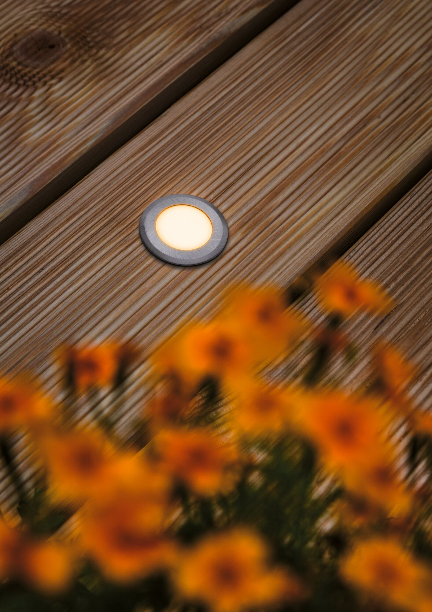 Ein beleuchteter Einbaustrahler auf Holzplanken, mit unscharfen orangefarbenen Blumen im Vordergrund.