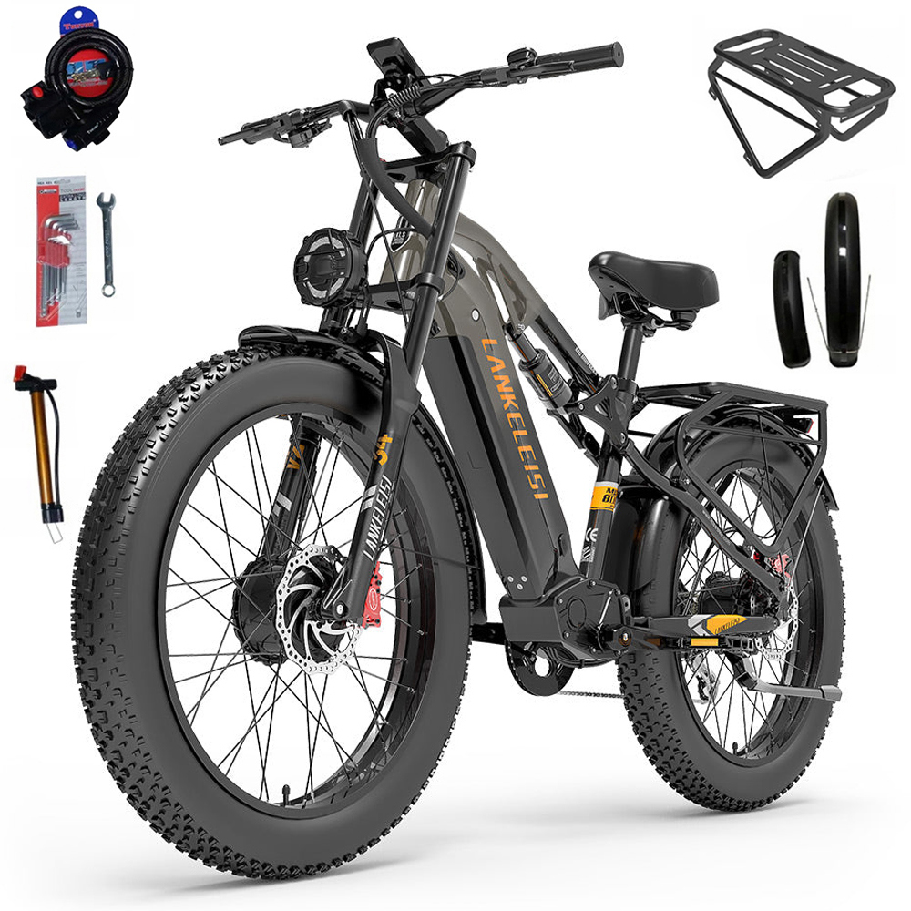 E-bike nera con pneumatici larghi, portapacchi, lucchetto, pompa e attrezzi.