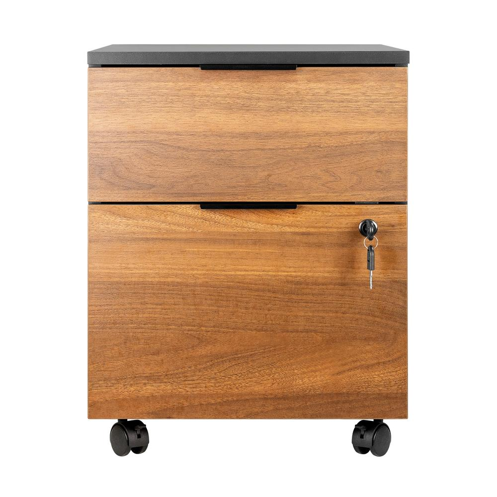 Un archivador de madera con dos cajones y tapa negra, con ruedas.