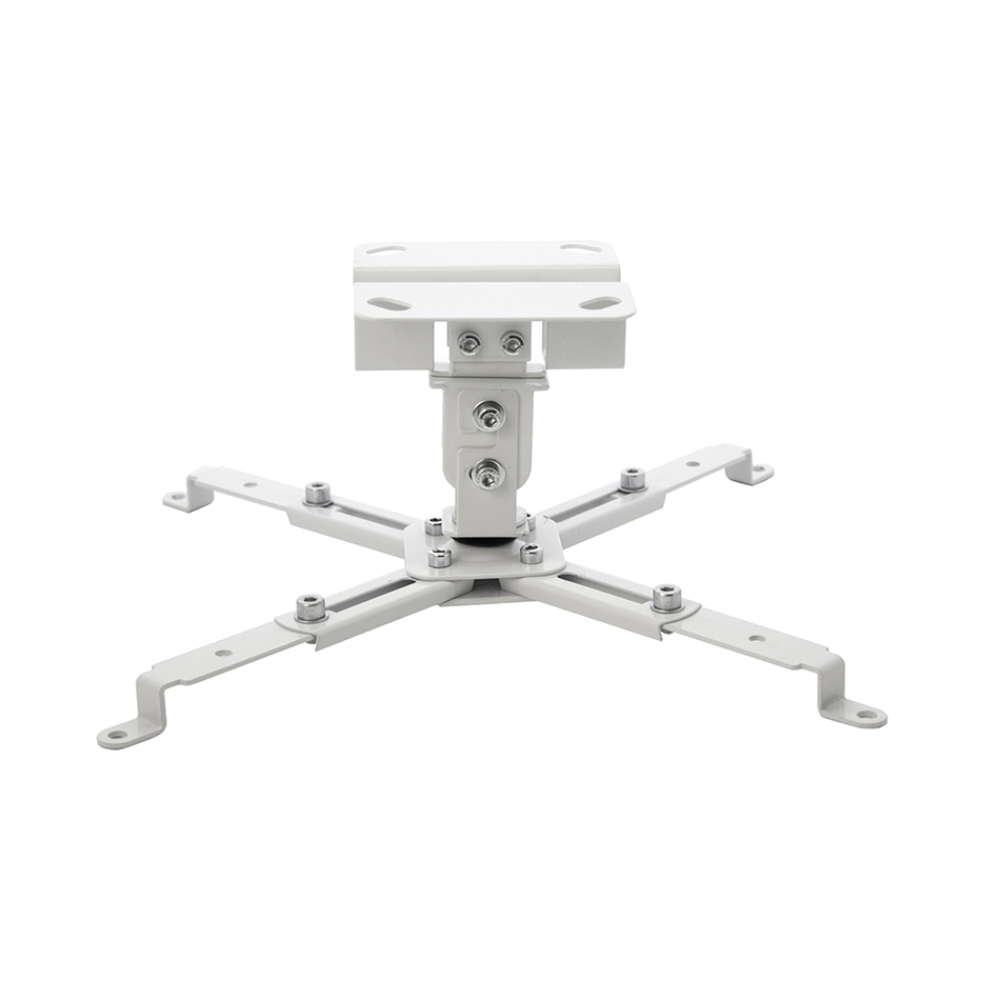 Un soporte de techo blanco para proyector con brazo ajustable y cuatro patas.