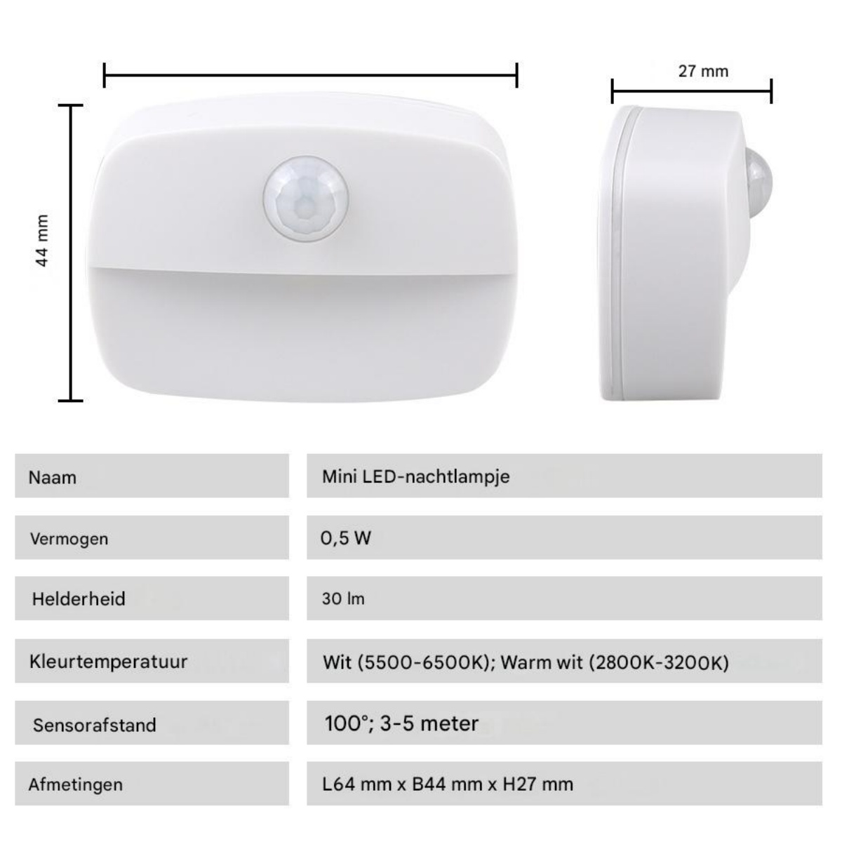 Luce notturna LED bianca compatta con sensore di movimento, 64x44x27mm.