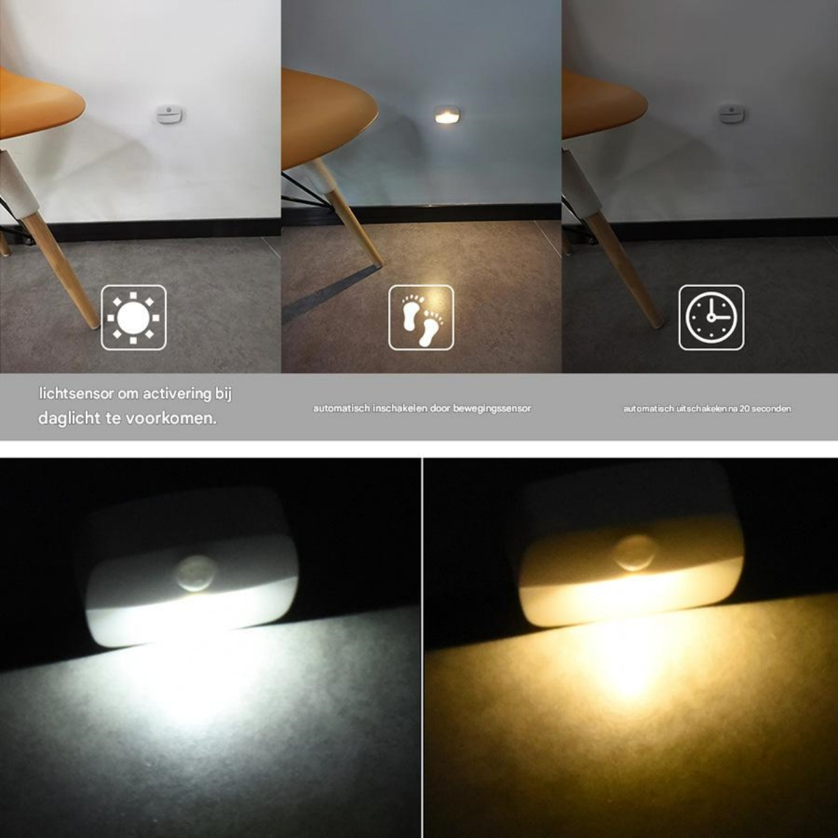 Sensore luce evita attivazione di giorno. Movimento accende, spegne dopo 20 sec.