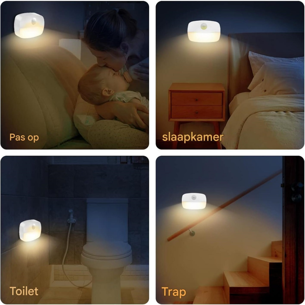 Quattro scene mostrano una luce notturna in diverse stanze: camera da letto, bagno, scale e nursery.