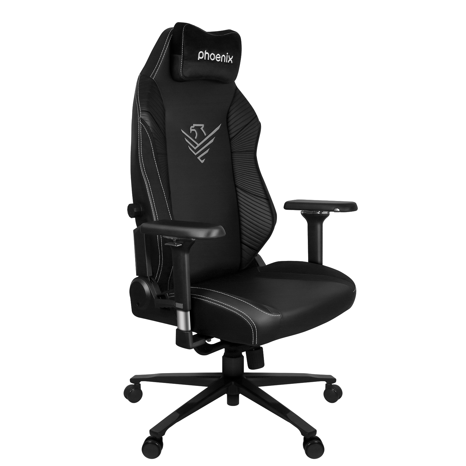 Silla gaming negra con costuras blancas, emblema y reposacabezas.