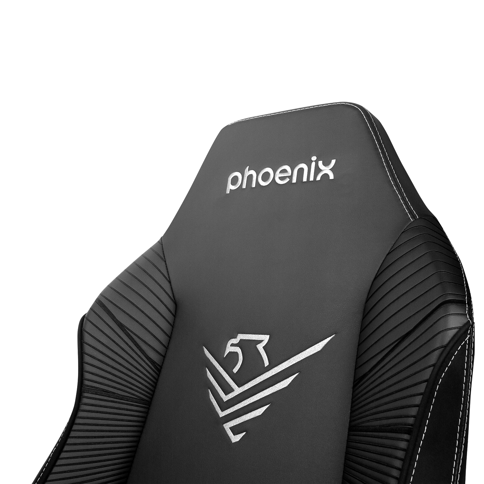 Silla gamer gris oscuro con logo fénix blanco y costuras.
