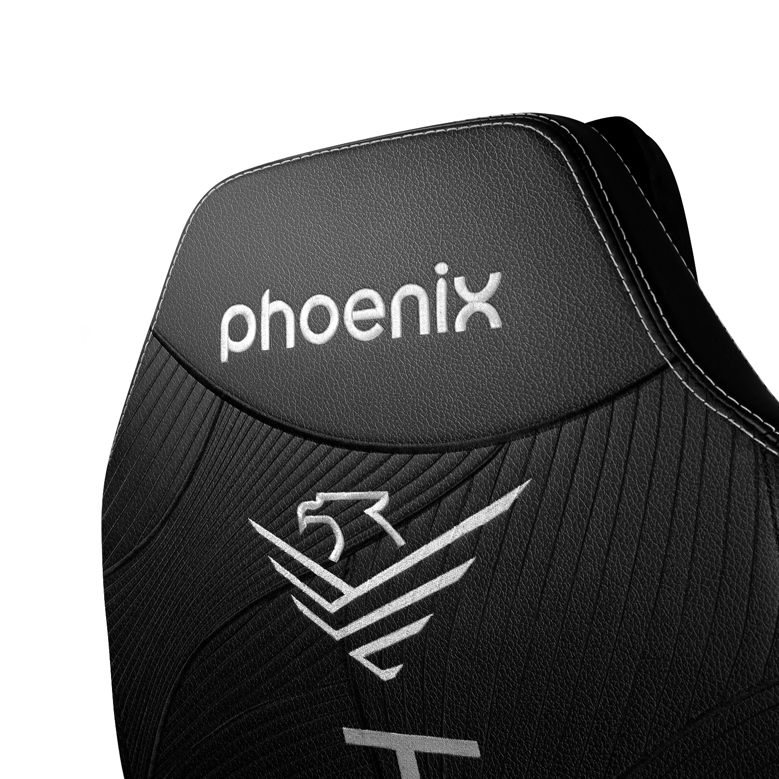 Silla negra con logo blanco de fénix y costuras sobre fondo oscuro.
