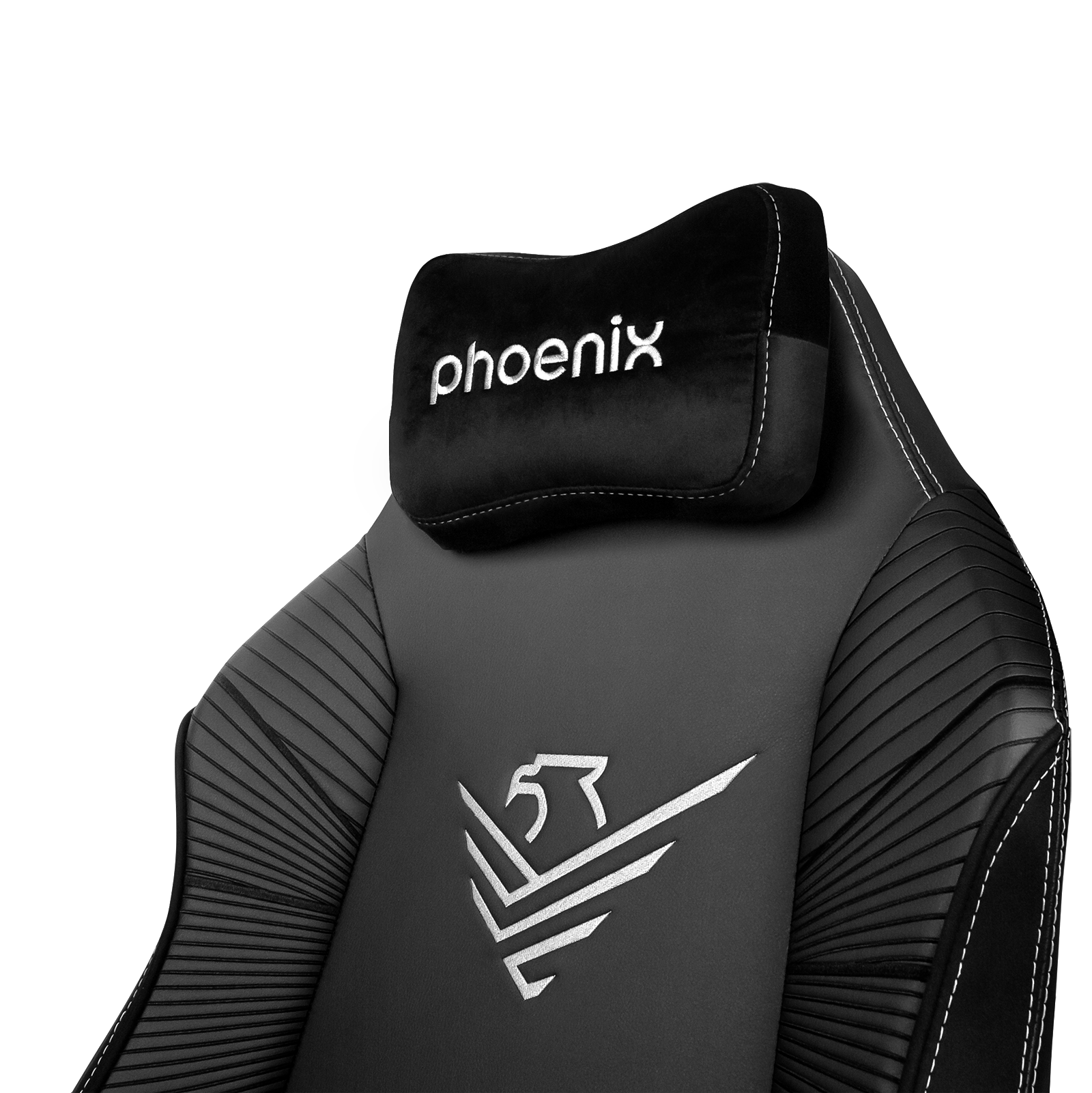 Una silla gamer negra con logo y texto blanco de fénix.