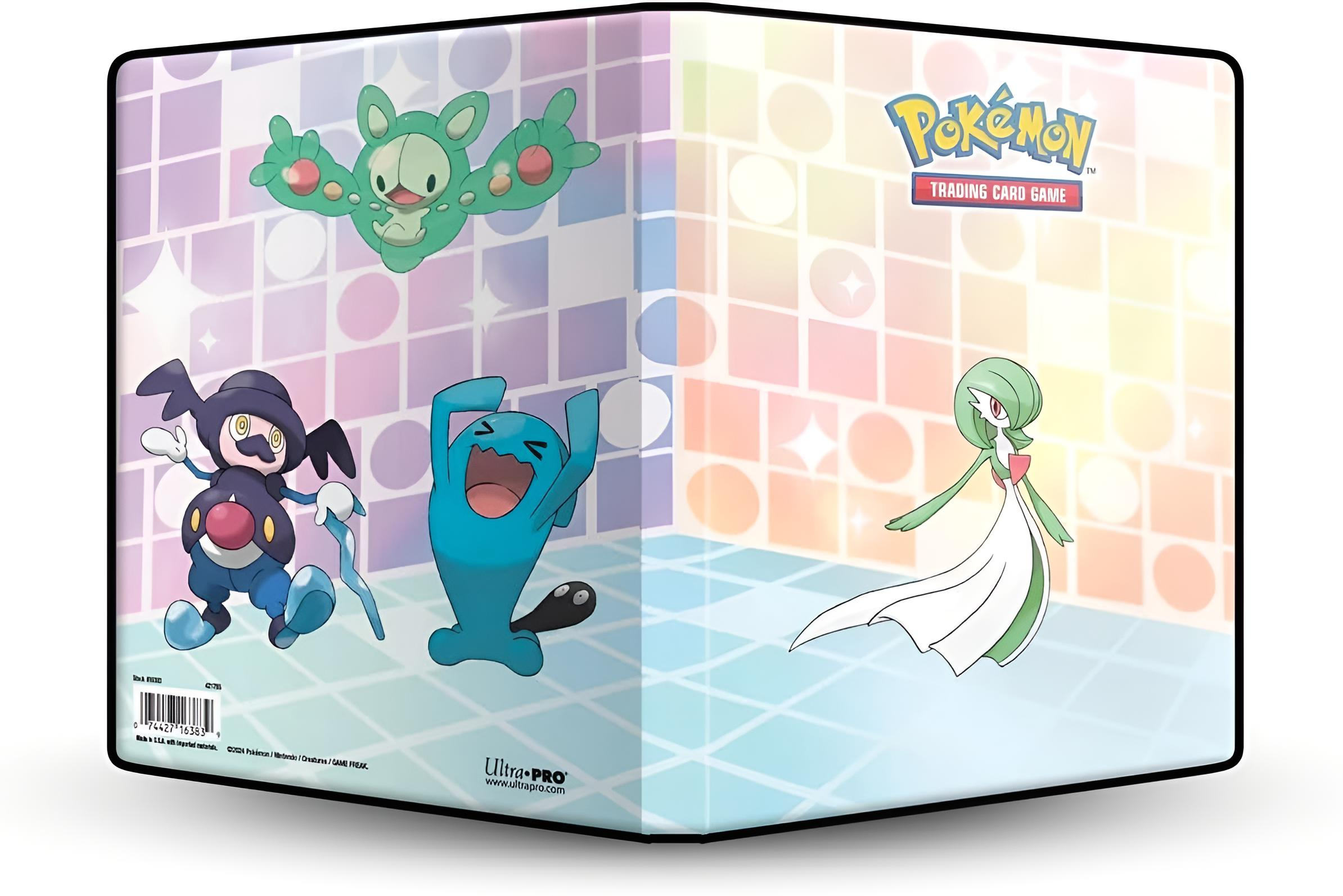 Pokemon-Ordner mit Mismagius, Wobbuffet und Guardevoir auf pastellfarbenem Gitter.