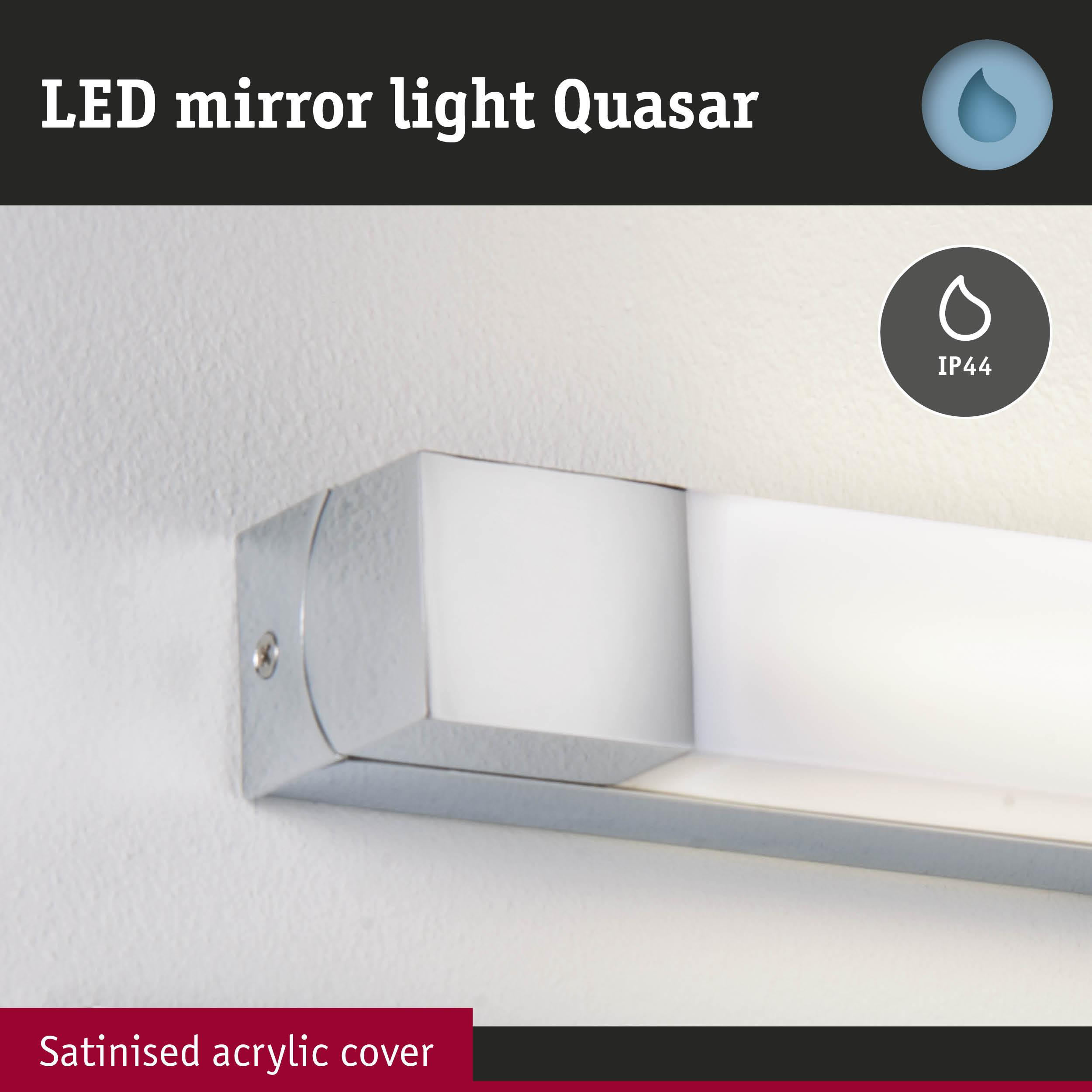 LED-Spiegelleuchte mit satiniertem Acrylglas und IP44-Schutz.