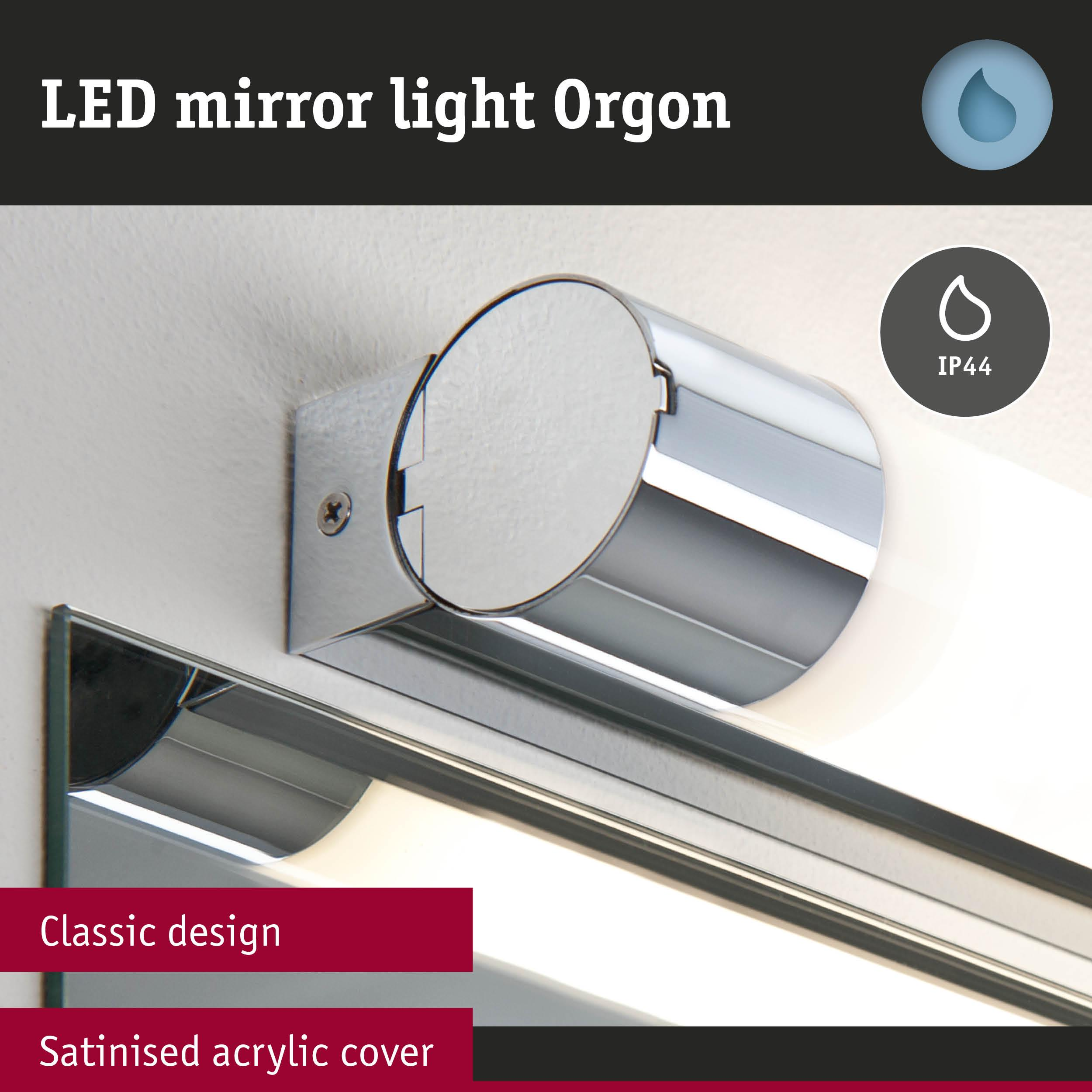 LED-Spiegelleuchte mit IP44-Schutz, klassischem Design und satinierter Acrylhaube.