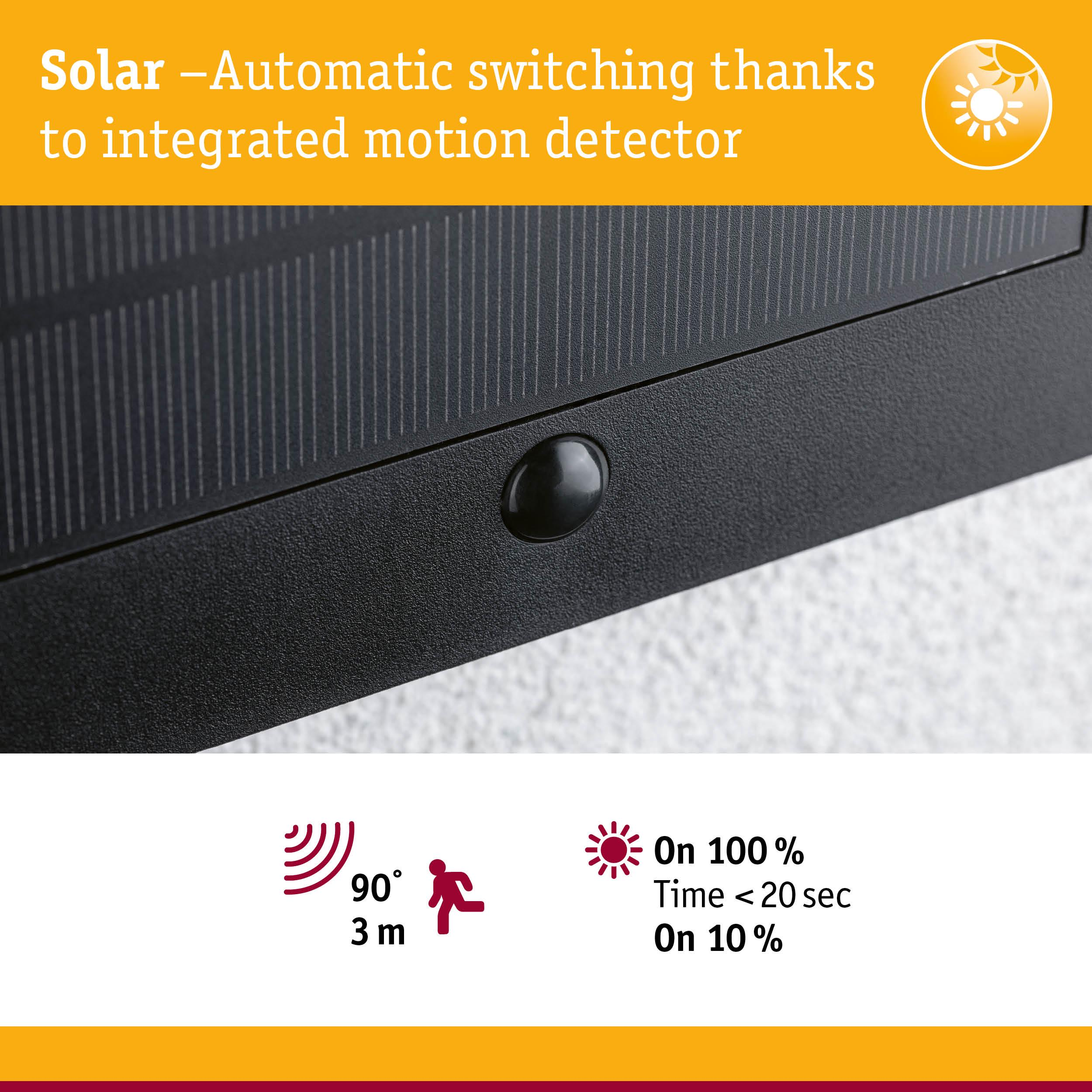 Schwarzes Solarpanel mit Bewegungsmelder und Spezifikationen.