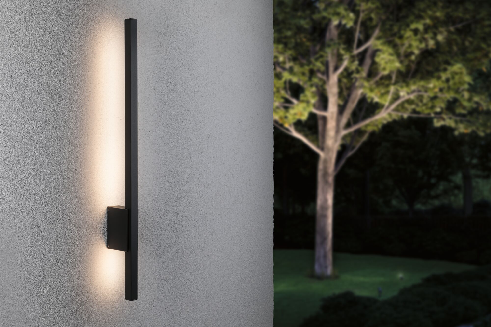 Schwarzer Wandstrahler beleuchtet eine strukturierte Wand, im Hintergrund ein Baum.