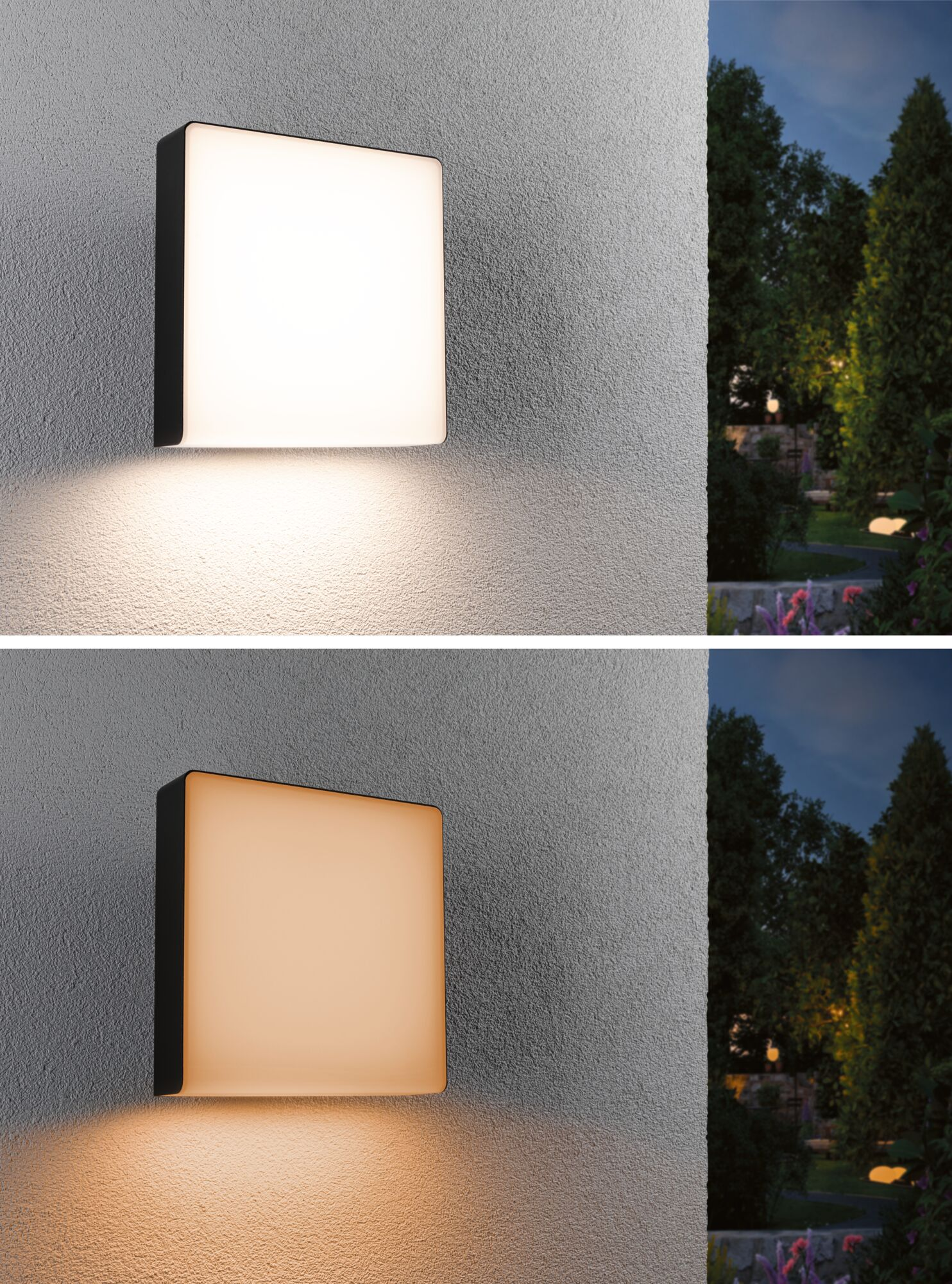 Nowoczesna lampa ścienna oświetla teksturowaną ścianę i ogród w wieczornym świetle.
