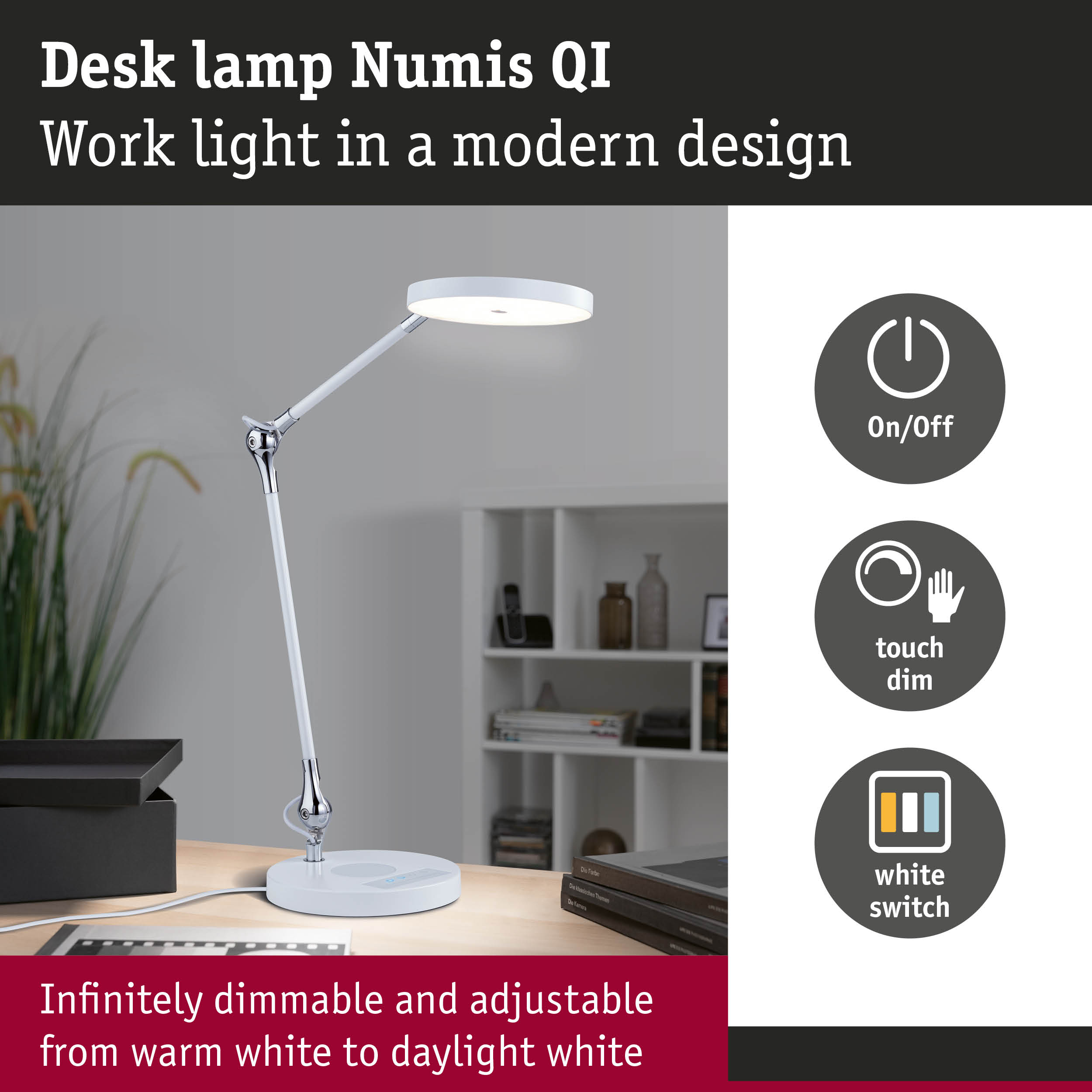 Nowoczesna lampa biurkowa Numis QI z dotykowym ściemniaczem i białym przełącznikiem.