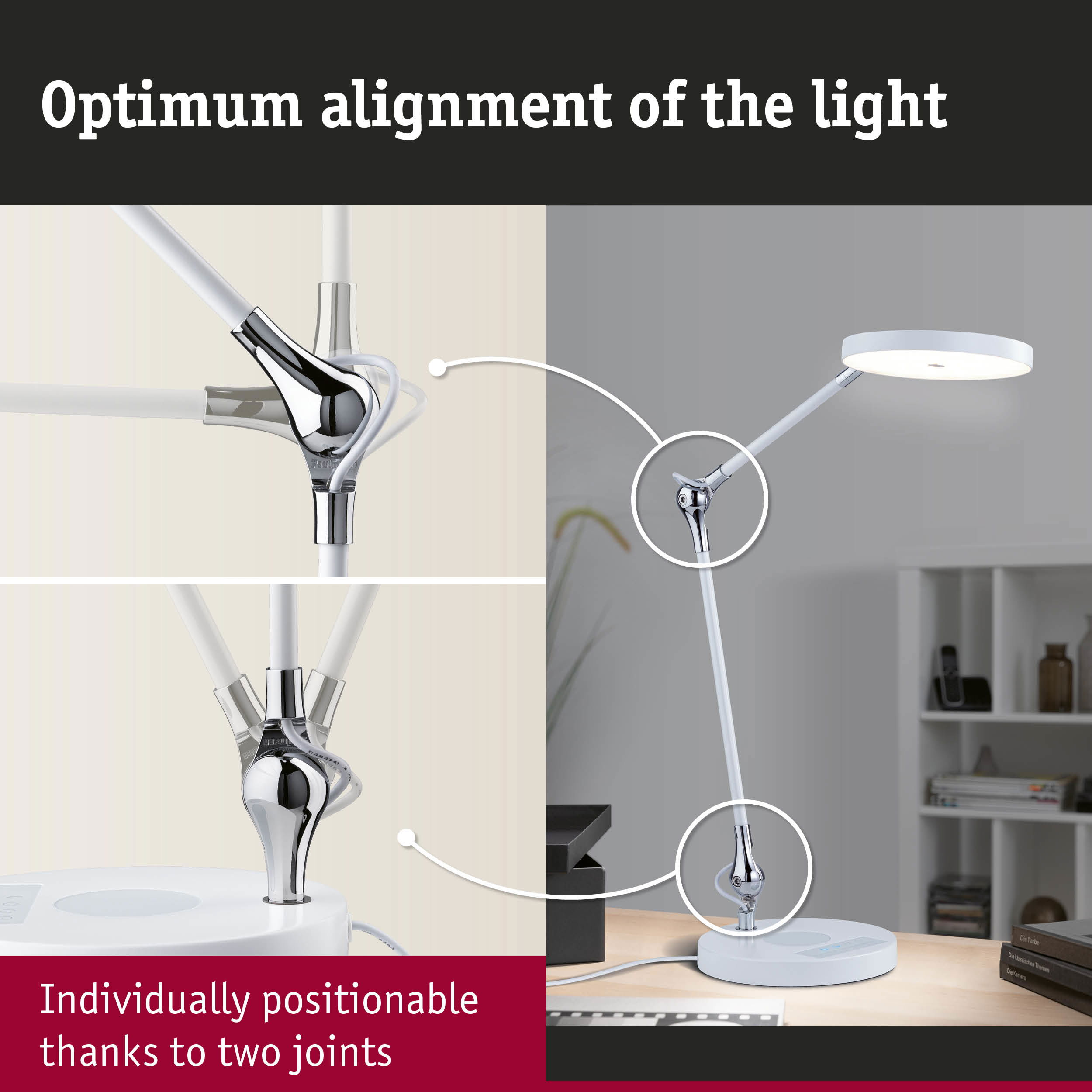 Biała lampa biurkowa ze zginanymi przegubami stoi na biurku.
