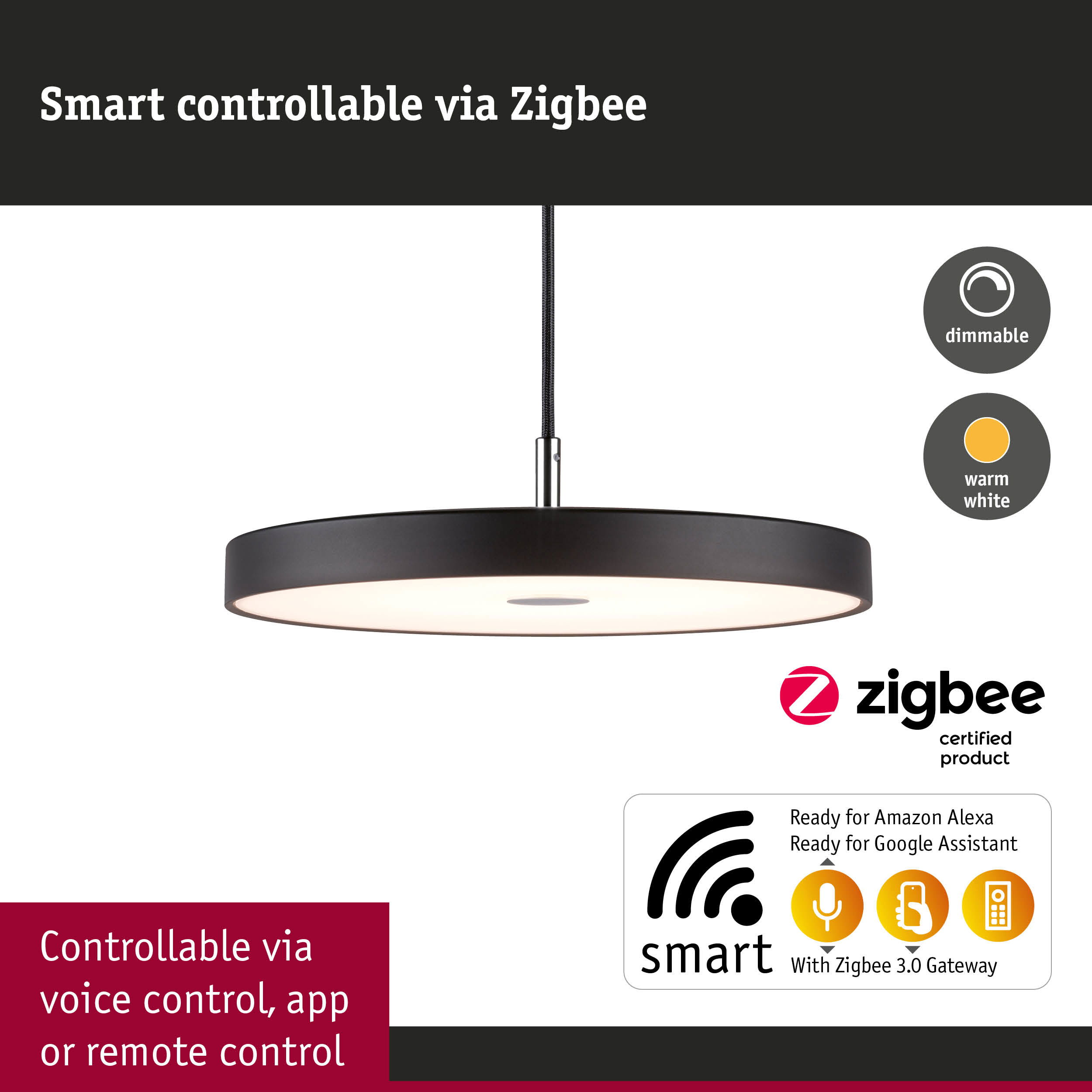 Czarna lampa wisząca ze sterowaniem Zigbee, ściemnialna, ciepła biel.