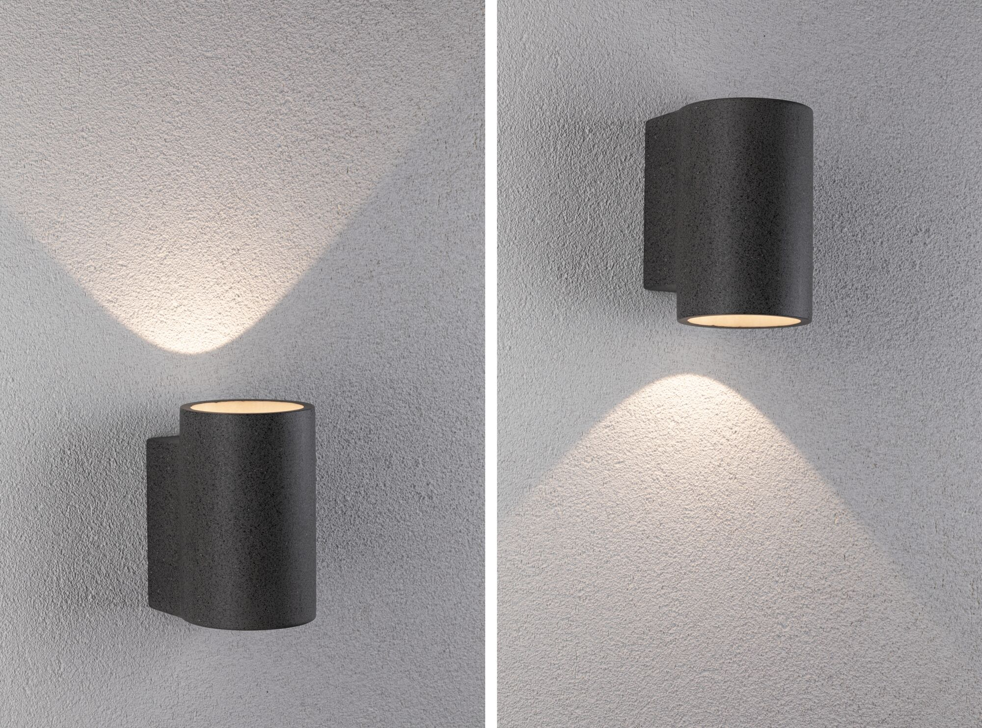 Ciemne cylindryczne lampy ścienne oświetlają teksturowaną ścianę.
