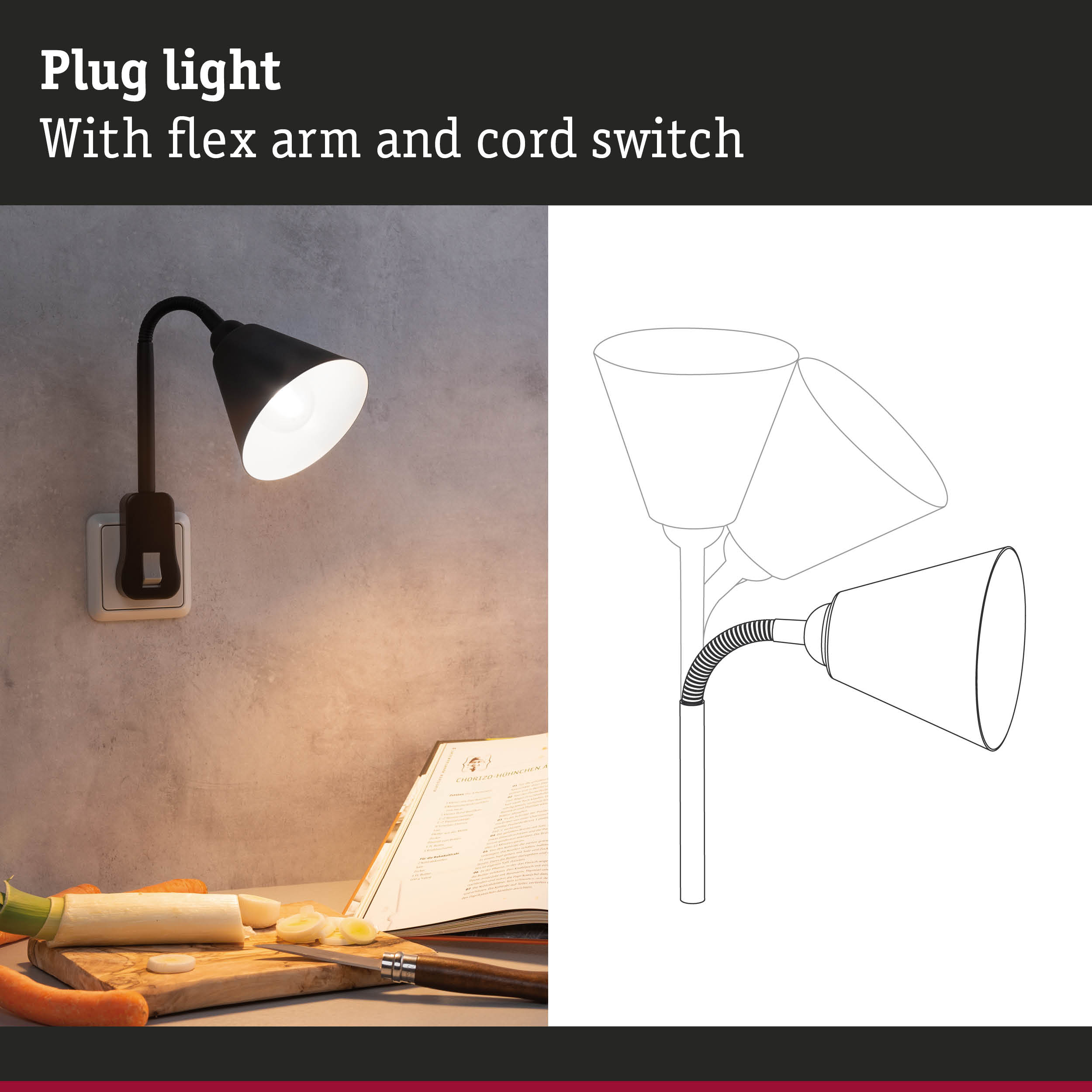 Czarna lampka biurkowa z elastycznym ramieniem, podłączona do gniazdka, obok książki kucharskiej i warzyw.