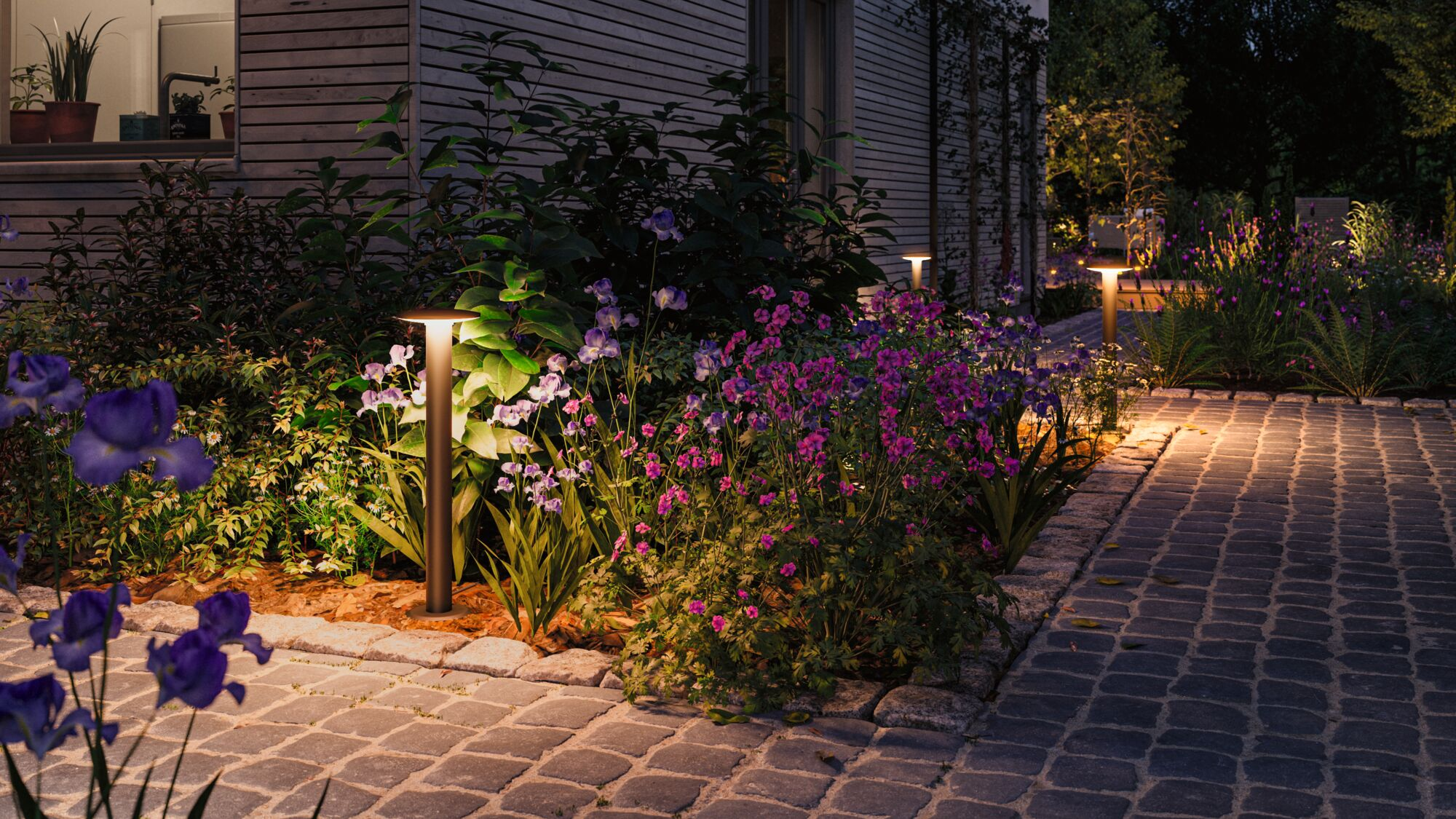 Oświetlona ścieżka ogrodowa z kamiennymi płytami i kwitnącymi fioletowymi i różowymi kwiatami.