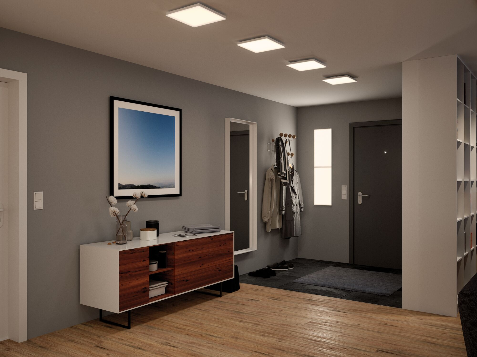 Flur mit Kommode, Bild, Spiegel, Garderobe und Tür. Holzboden.