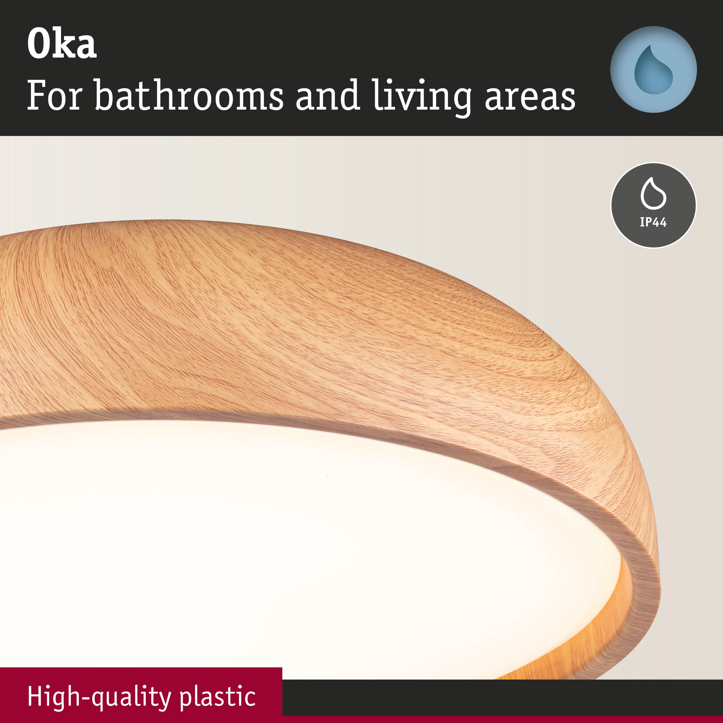 Runde Lampe mit Holzoptik, für Bäder und Wohnbereiche, IP44.