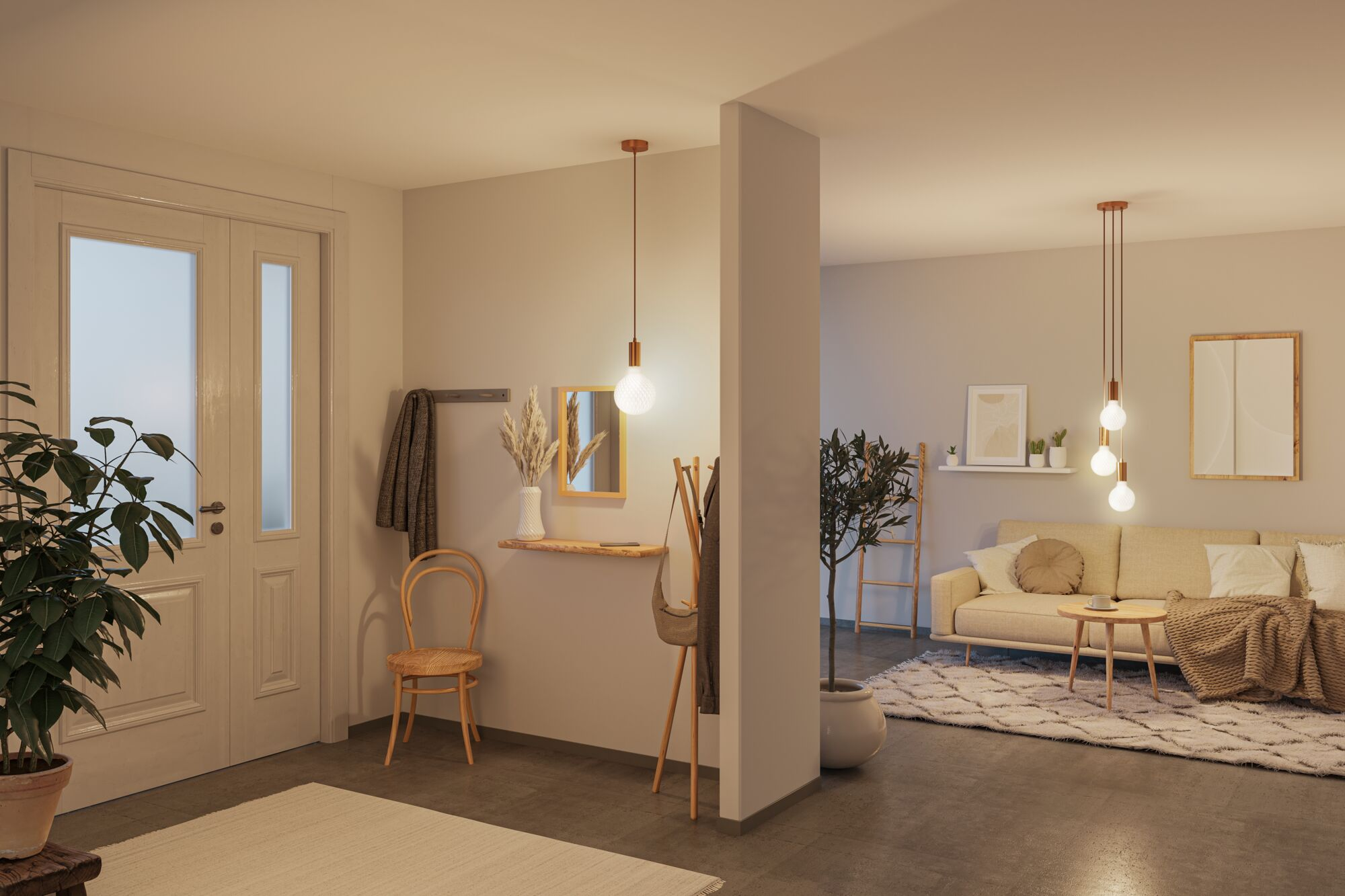 Jasny hol wejściowy z drzwiami, krzesłem, wieszakiem i salonem z sofą.