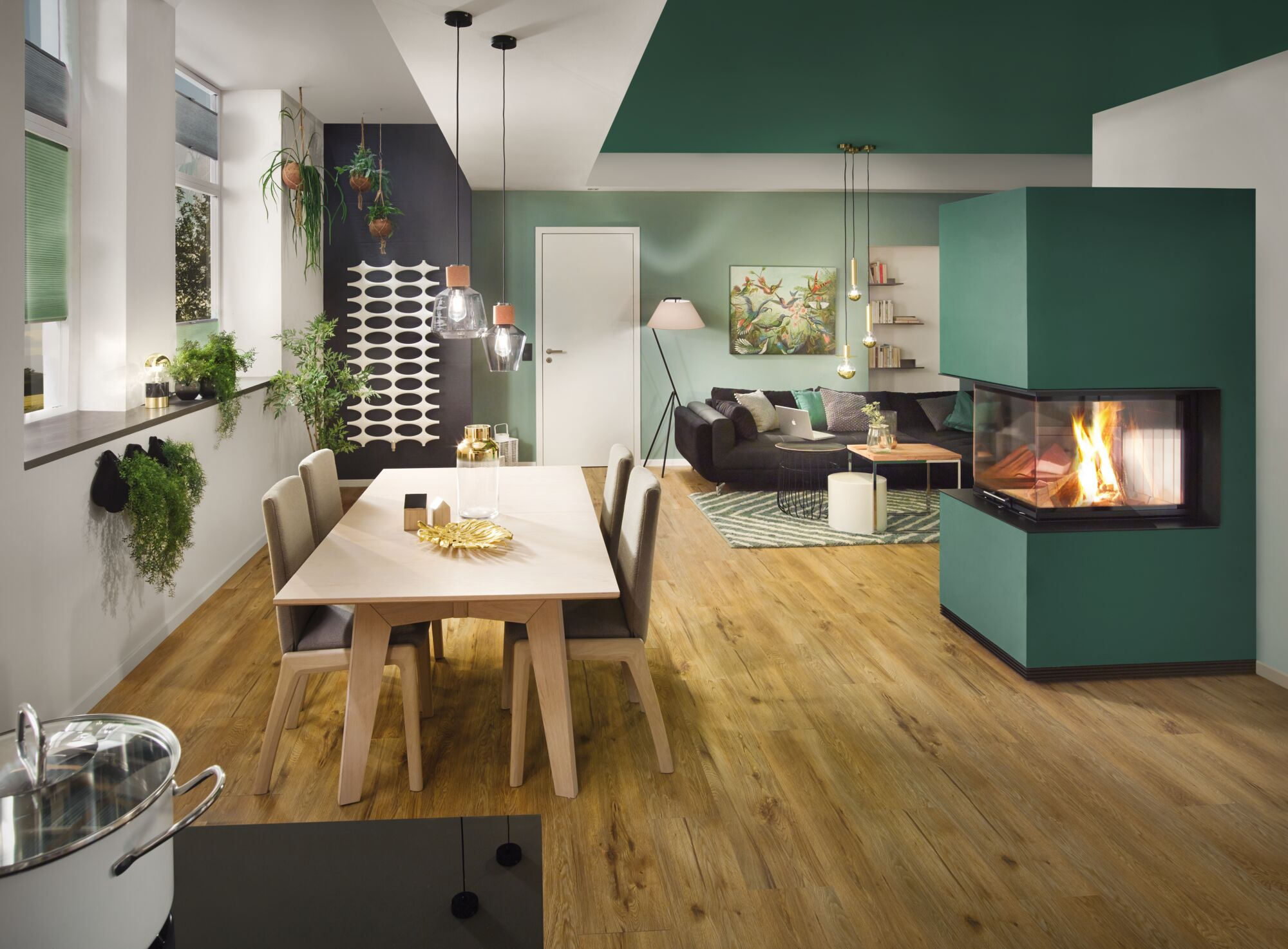 Modernes Wohnzimmer mit Essbereich, Kamin und Pflanzen.