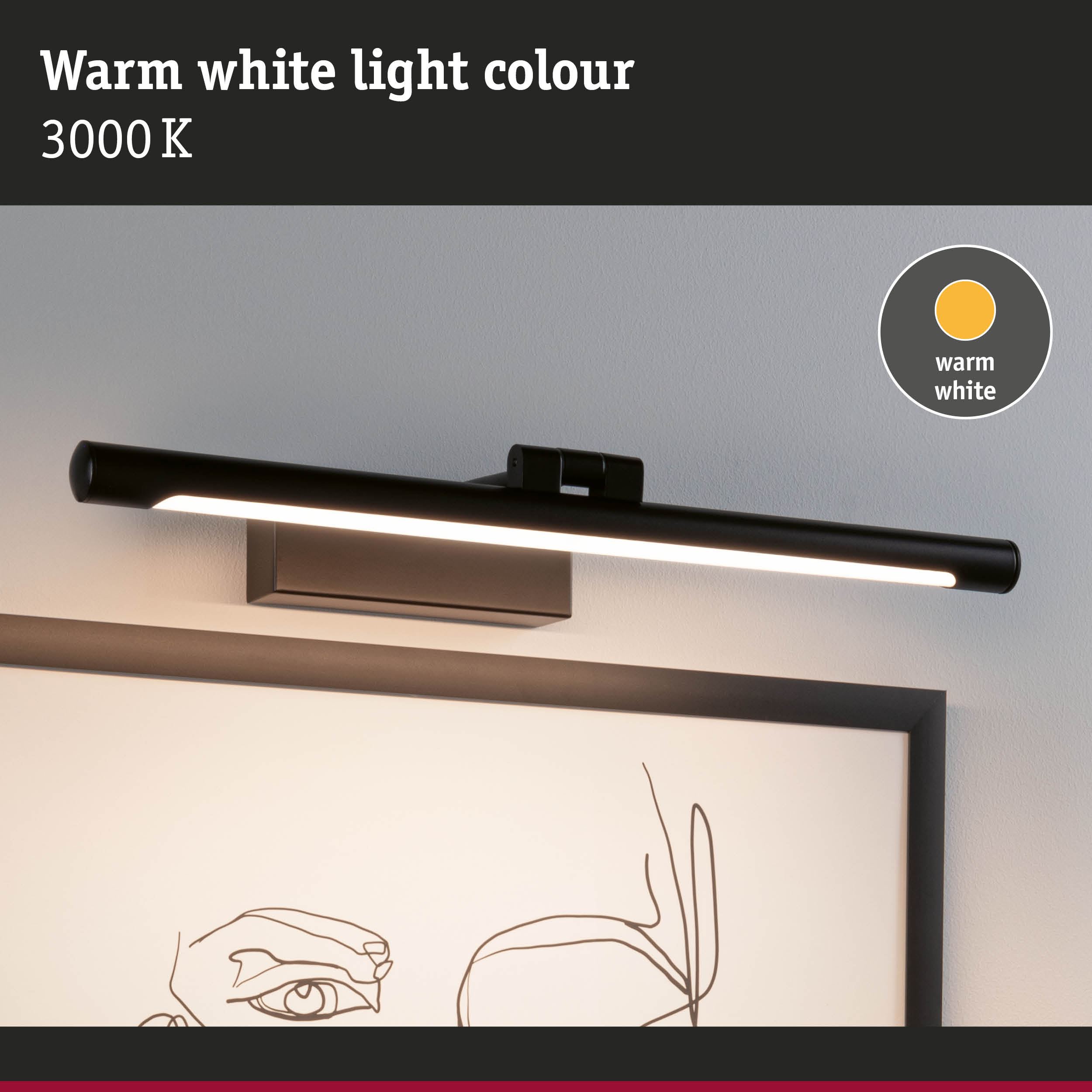 Schwarze Wandleuchte mit warmweißem Licht (3000 K) über einem gerahmten Bild.