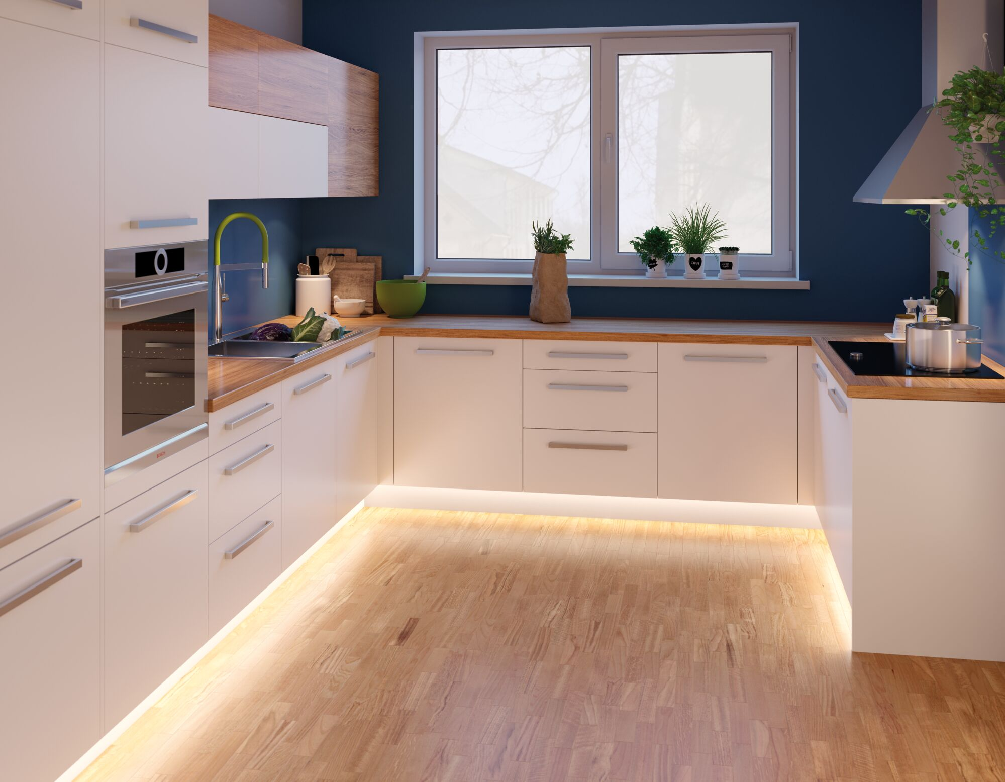 Nowoczesna kuchnia z białymi szafkami, drewnianym blatem, stalowymi urządzeniami i niebieską ścianą.