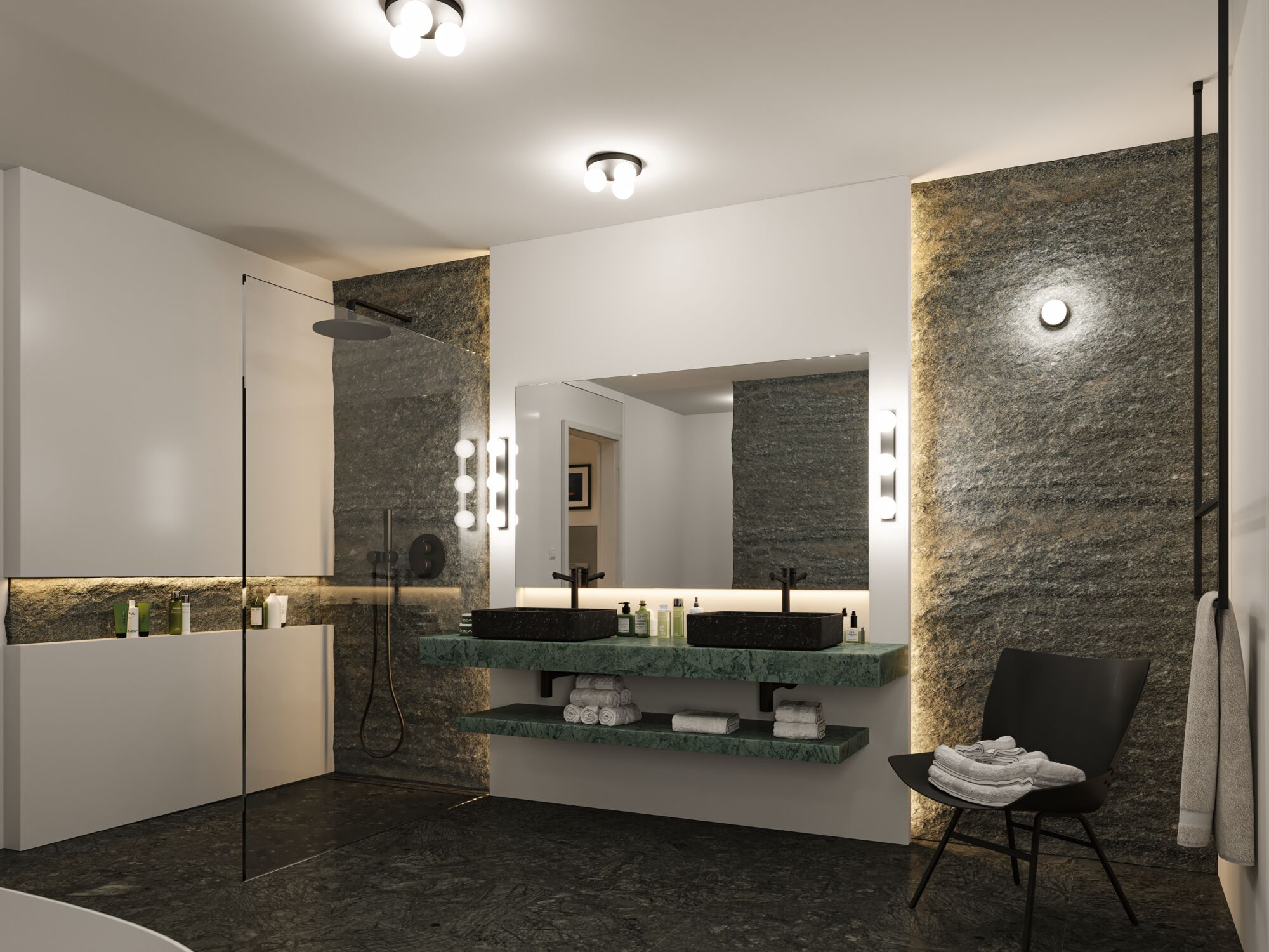 Modernes Bad mit Steinwänden, Doppelwaschbecken, Glasdusche und minimalistischem Stuhl.