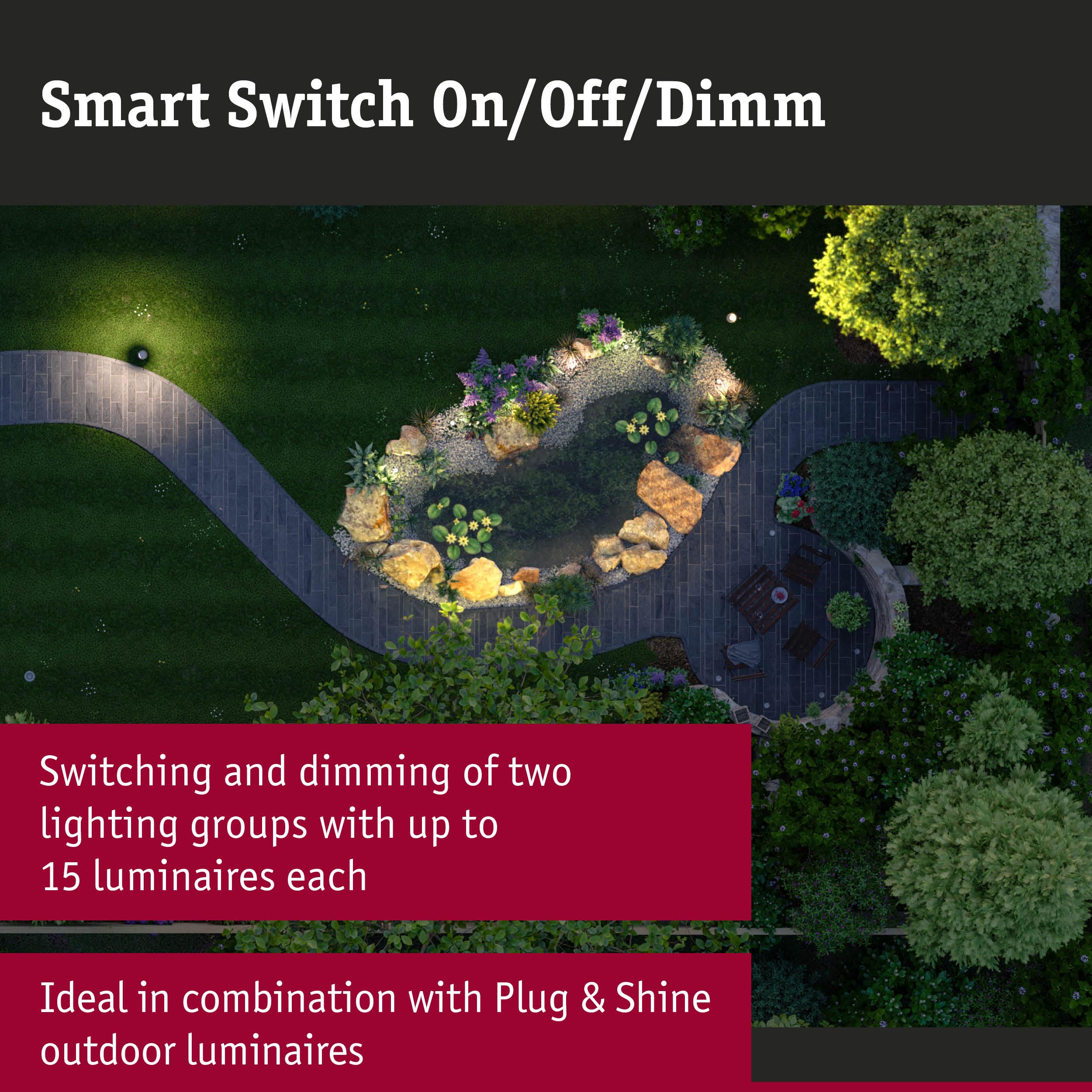 Ogród ze stawem, ścieżkami i oświetleniem. "Smart Switch".