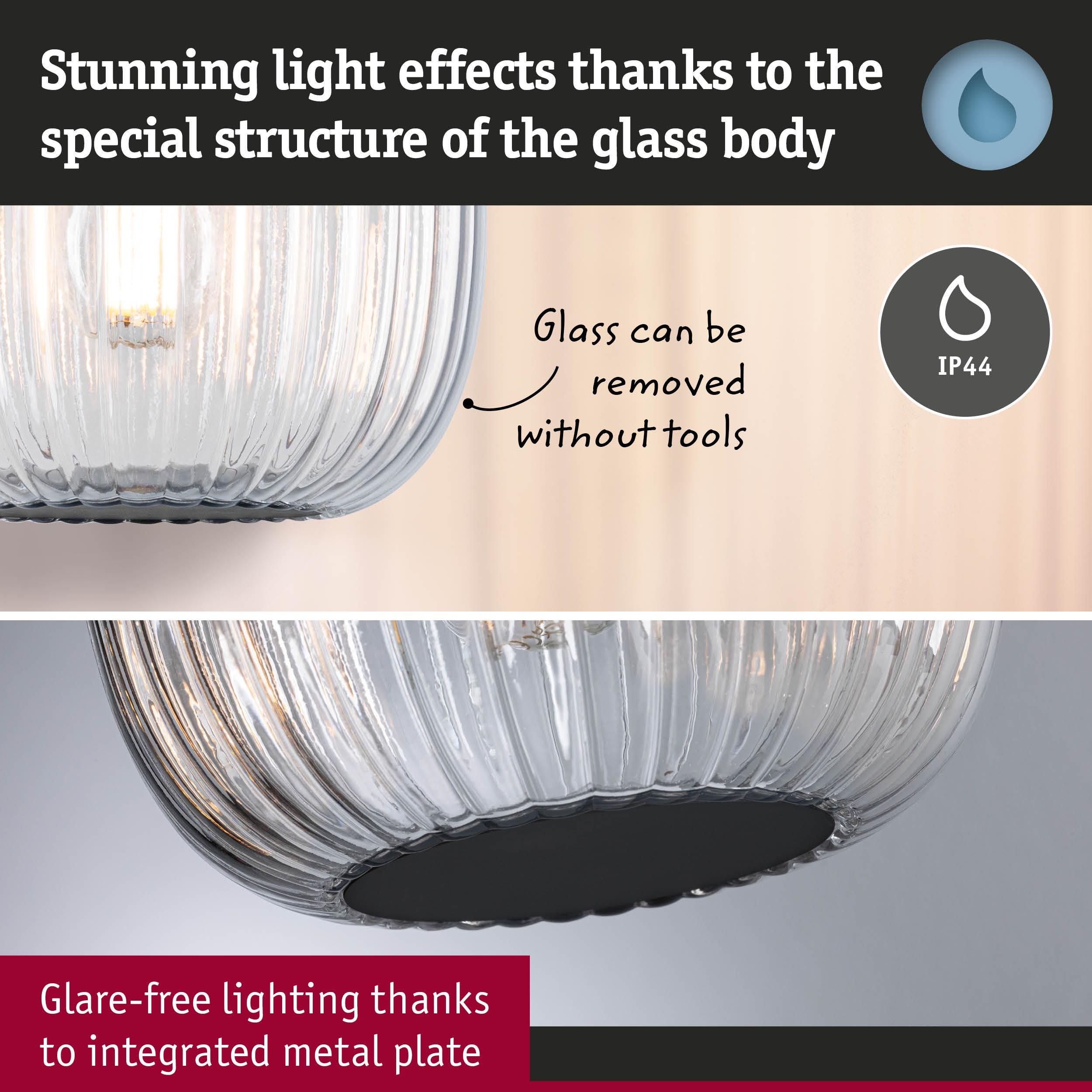 Szklana lampa z żebrowaną strukturą, IP44, zdejmowana bez narzędzi.
