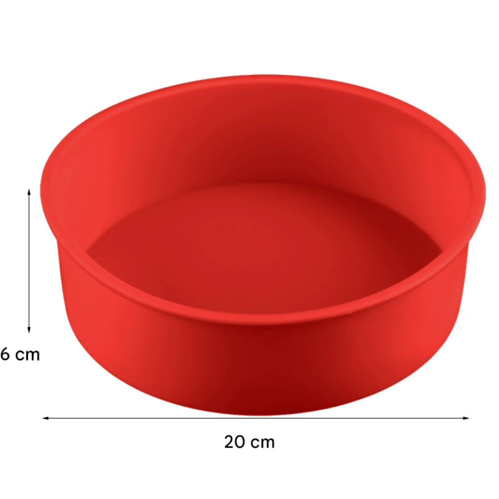 Rote runde Kuchenform aus Silikon, 20 cm Durchmesser, 6 cm Höhe.