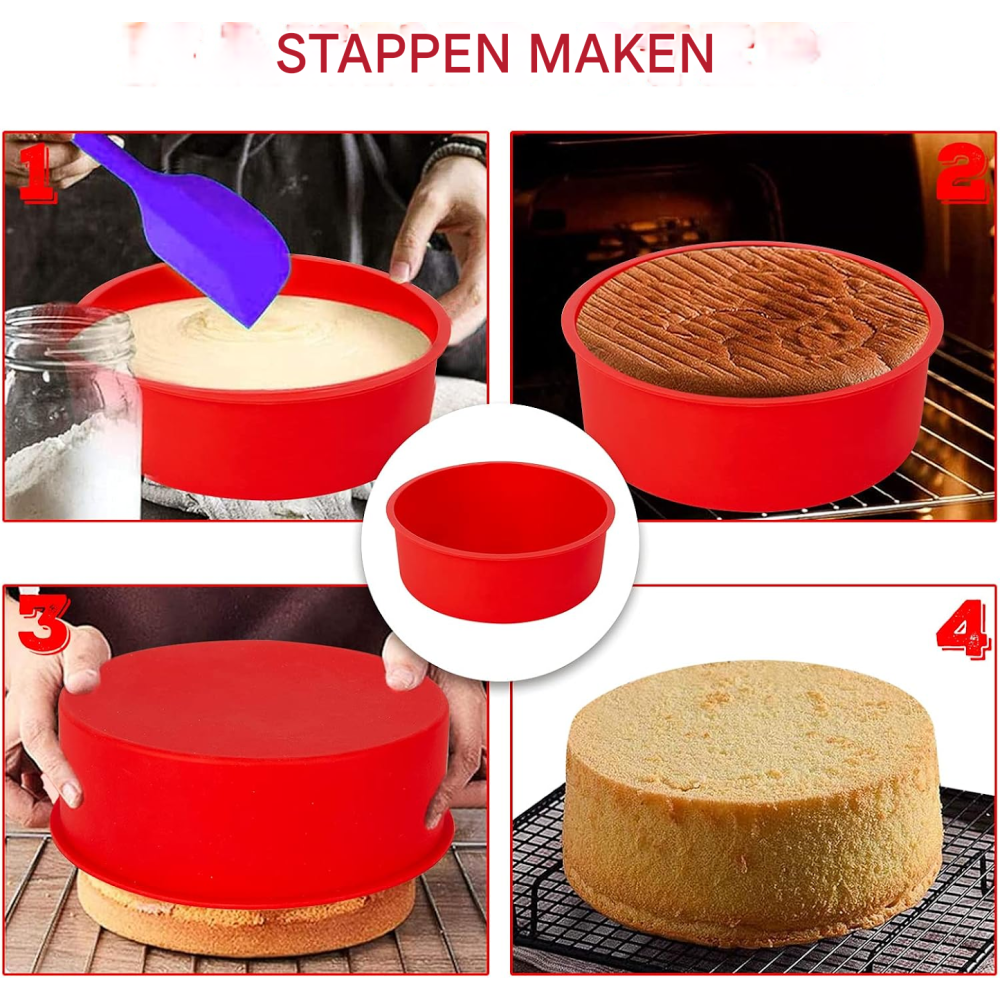 Vier Schritte zur Kuchenherstellung: Teig vorbereiten, backen, stürzen, abkühlen.